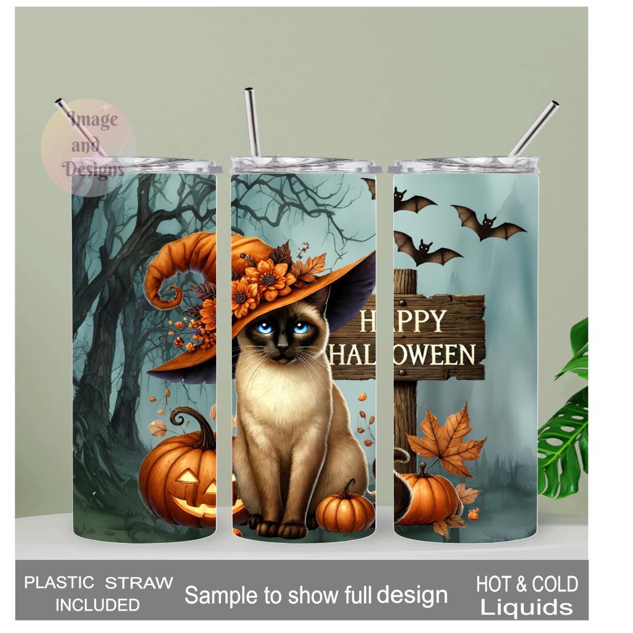 Happy Halloween Cat Tumbler 20oz With Reusable Straw, Can Be Personalized