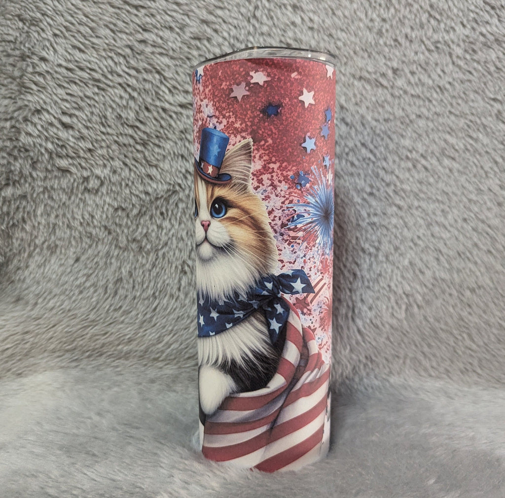 Patriotic Cat Tumbler 20oz With Reusable Straw, Can Be Personalized