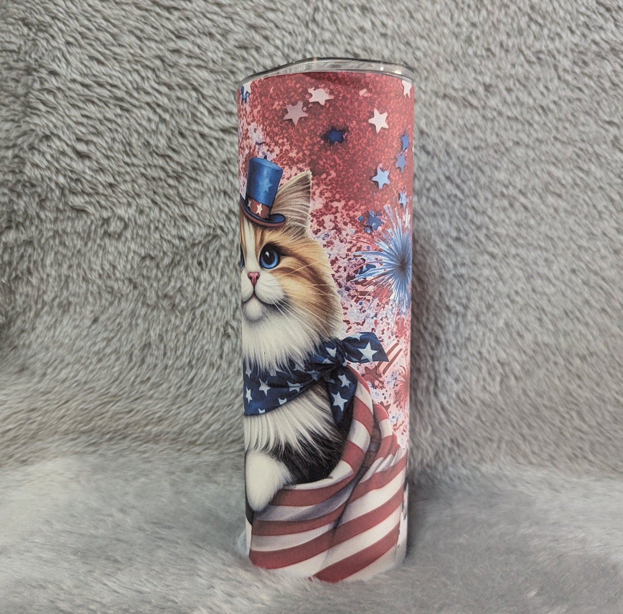 Patriotic Cat Tumbler 20oz With Reusable Straw, Can Be Personalized