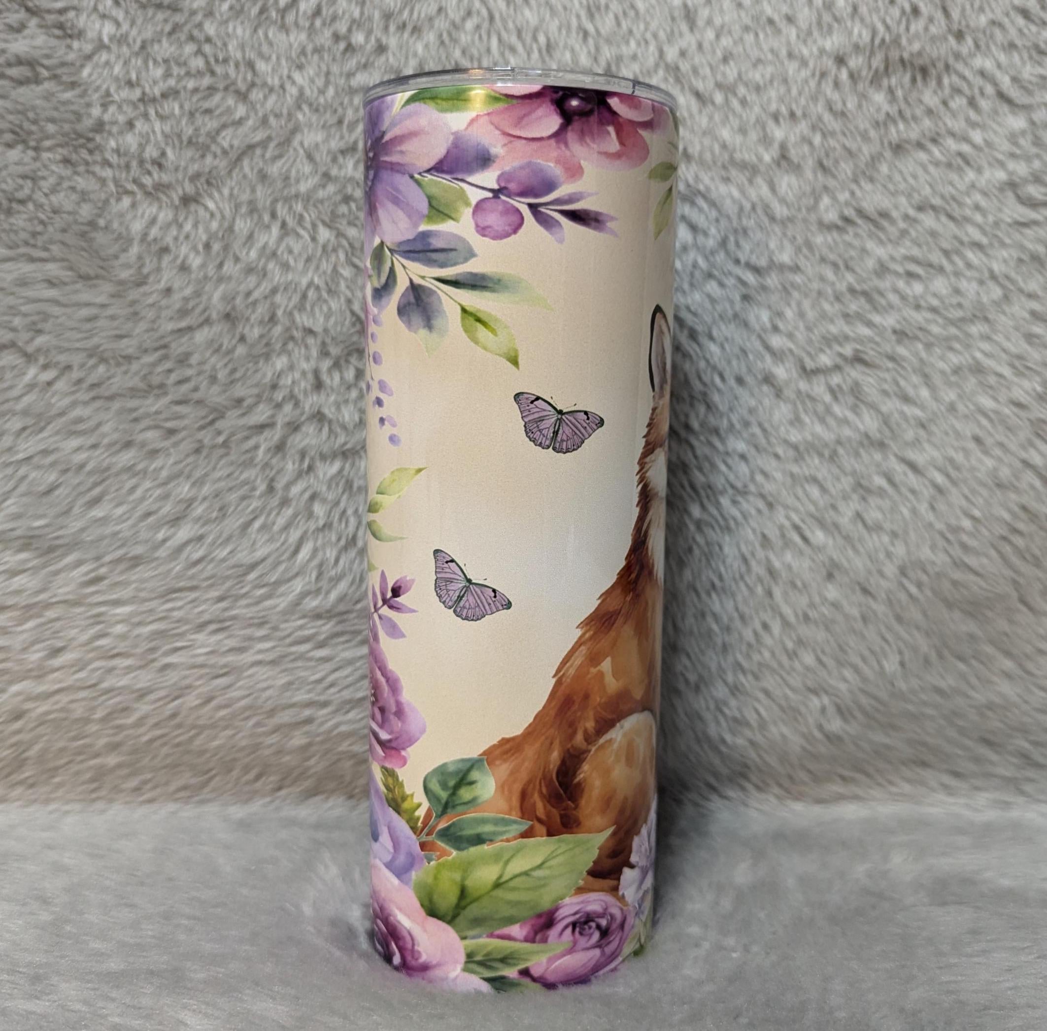 Floral Fox Tumbler 20oz With Reusable Straw, Can Be Personalized