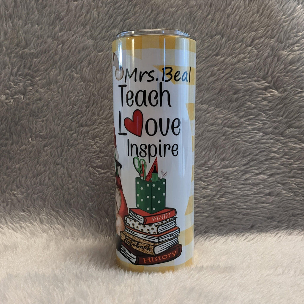 Teacher Love Inspire Teacher Gnome Tumbler 20oz With Reusable Straw, Can Be Personalized