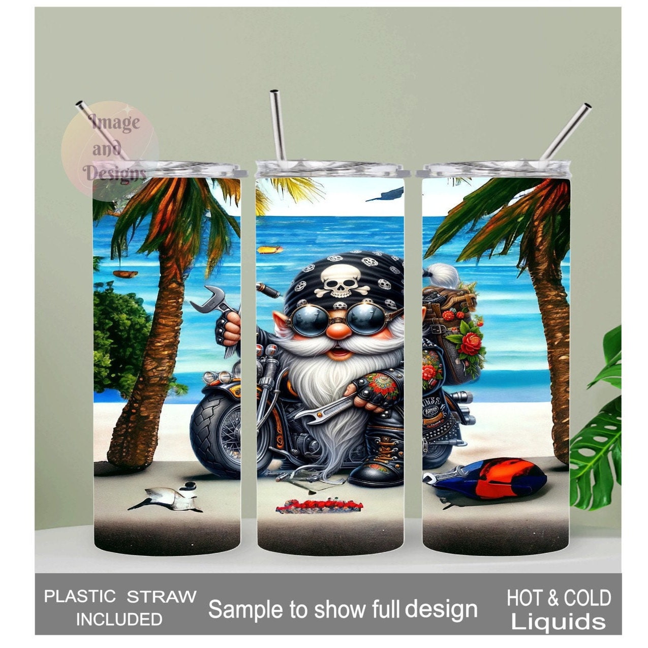 Beach Biker Gnome Motorcycle Tumbler 20oz With Reusable Straw, Can Be Personalized