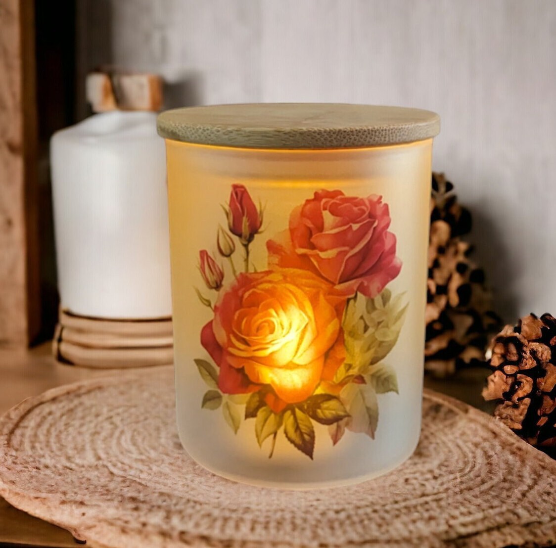 Romantic Red Rose Candle Holder with Bamboo Lid and Flickering Tea Light