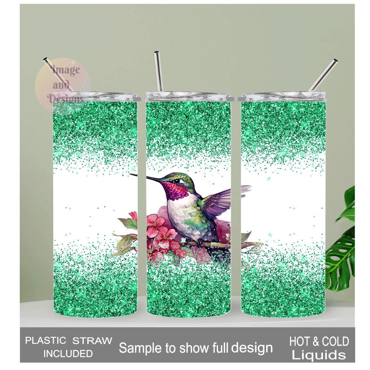 Hummingbird Tumbler with A Green Glitter Design 20oz With Reusable Straw, Can Be Personalized