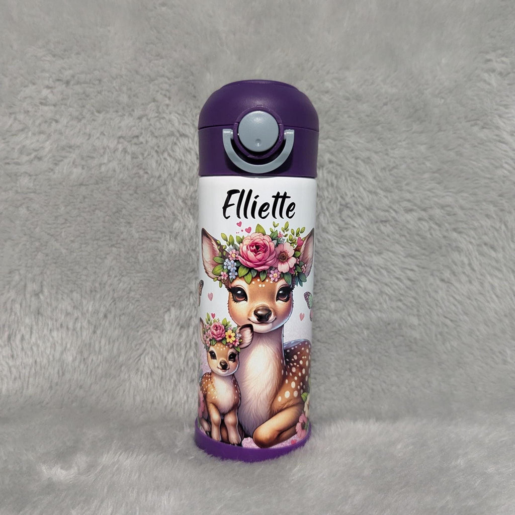 Kids Deer Water Bottle With A Glitter Design 12oz With Reusable Straw, Can Be Personalized