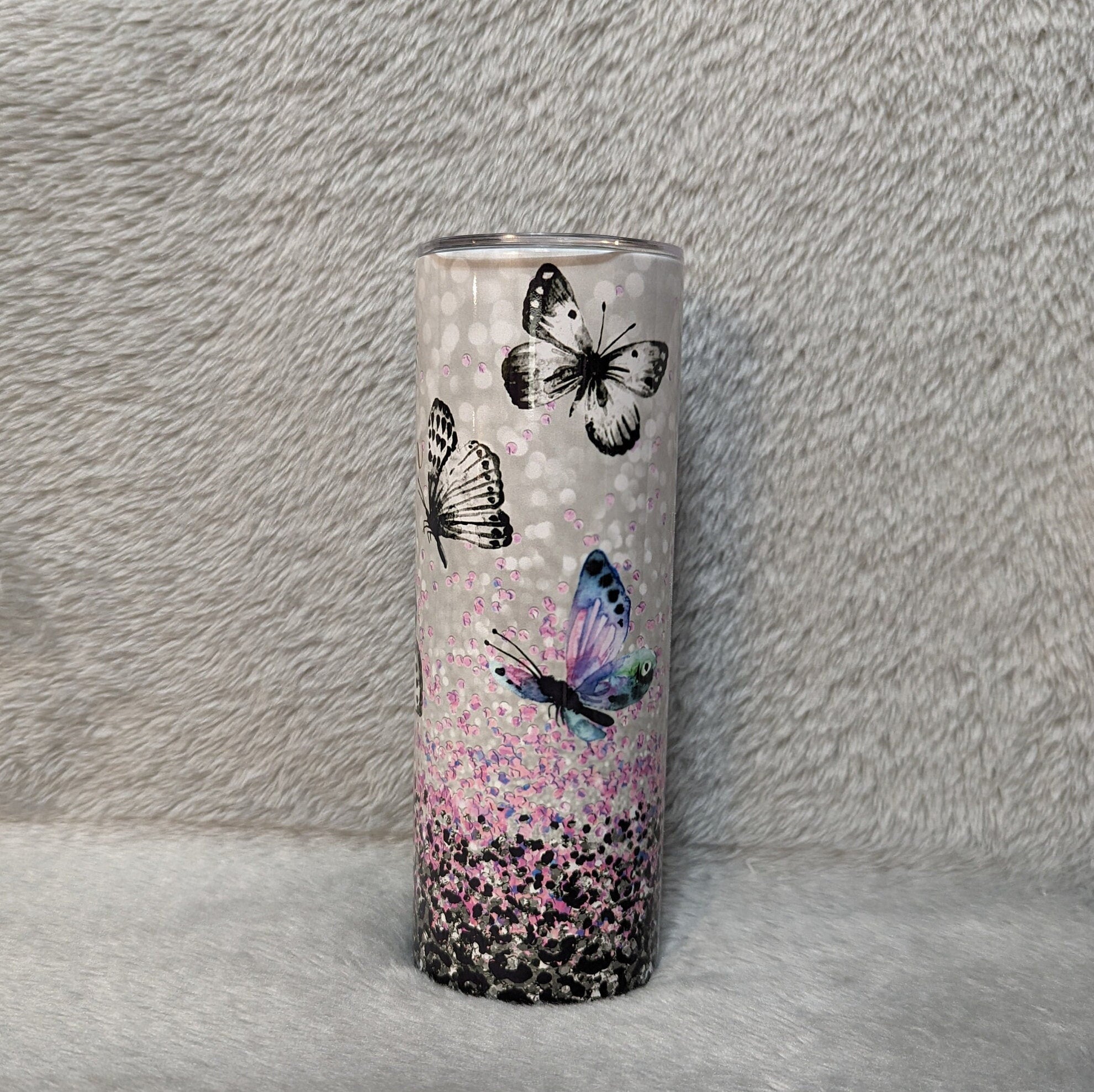 Pretty Butterfly Tumbler With A Glitter Design 20oz With Reusable Straw, Can Be Personalized