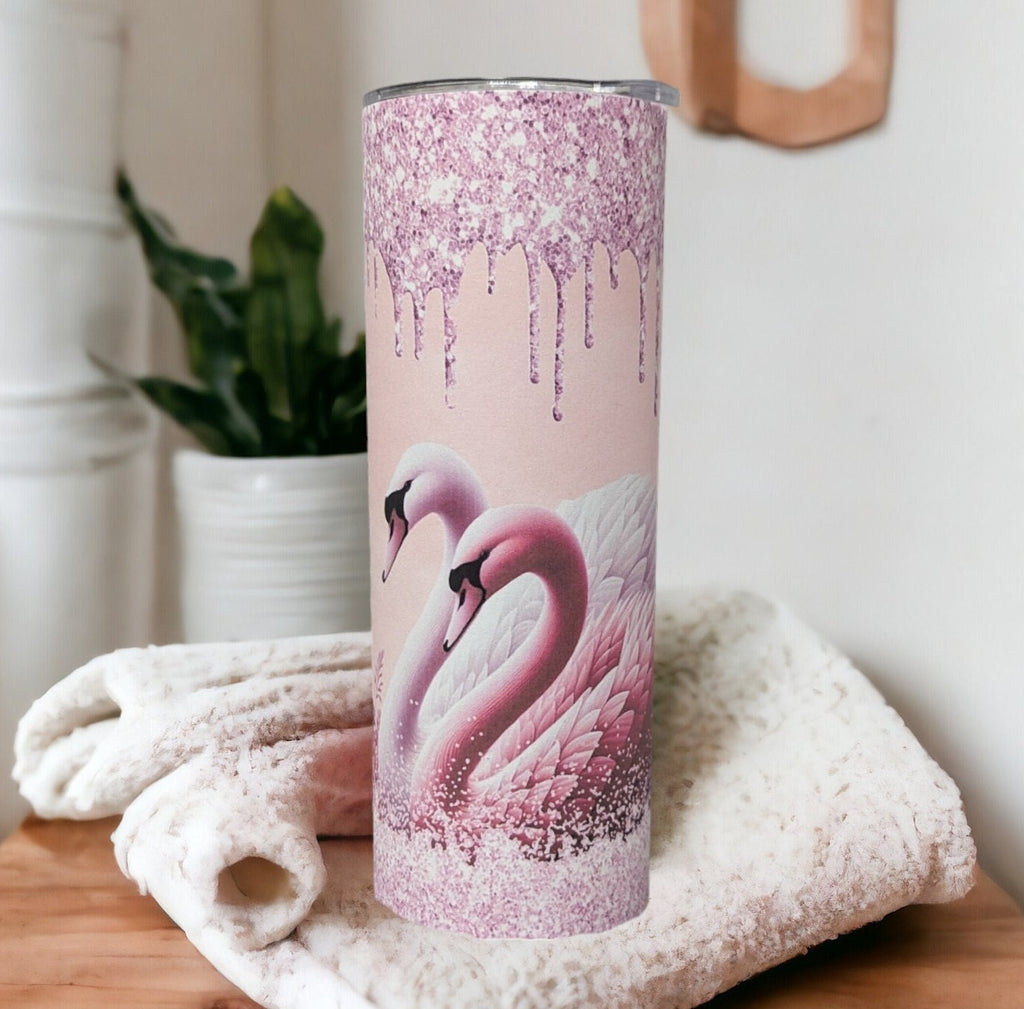 Swan Tumbler With Beautiful Swans and A Glitter Design  20oz With Reusable Straw, Can Be Personalized