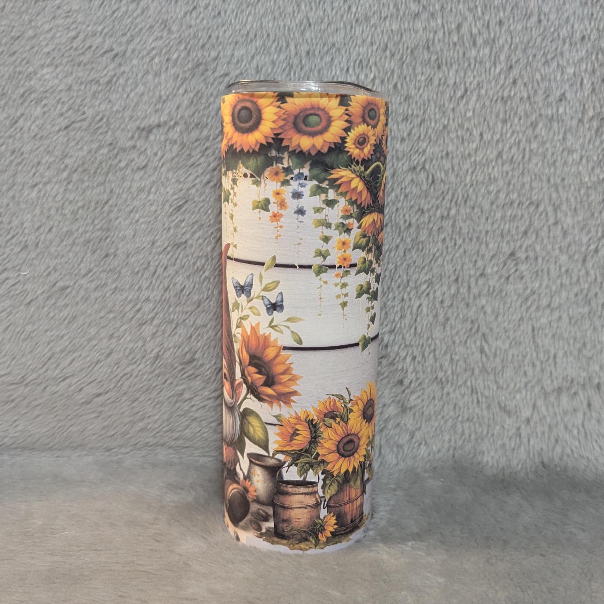 Sunflower Gnome Tumbler 20oz With Reusable Straw, Can Be Personalized