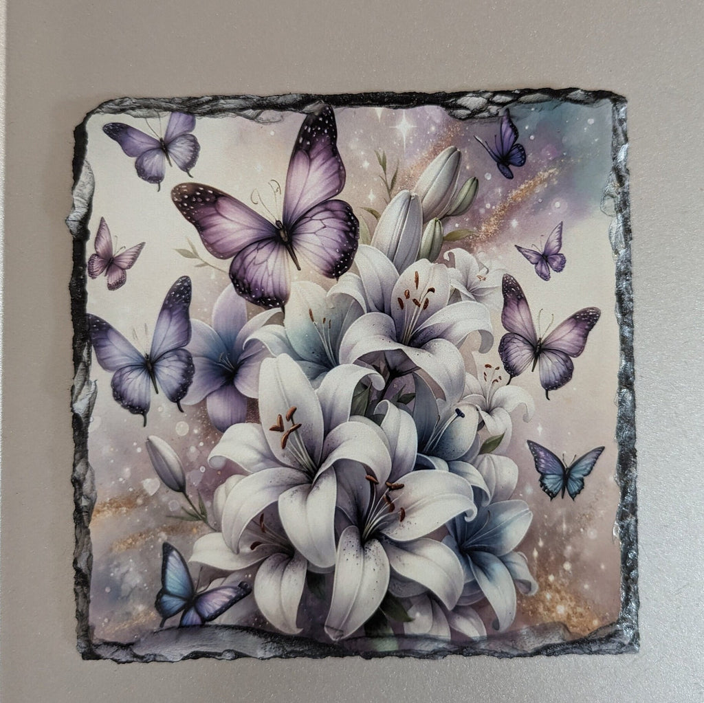Slate Butterfly Picture with Butterflies and Lavender Lilies With Display Legs
