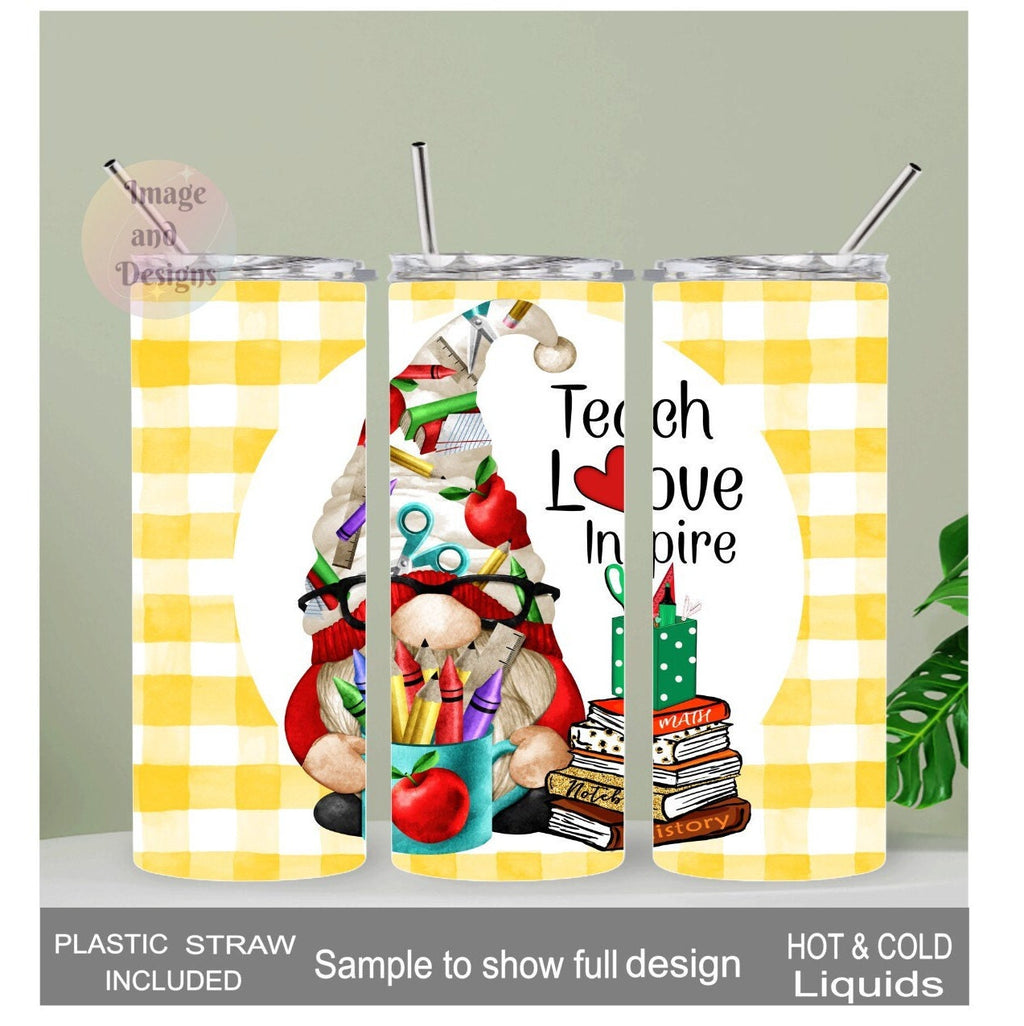 Teacher Love Inspire Teacher Gnome Tumbler 20oz With Reusable Straw, Can Be Personalized