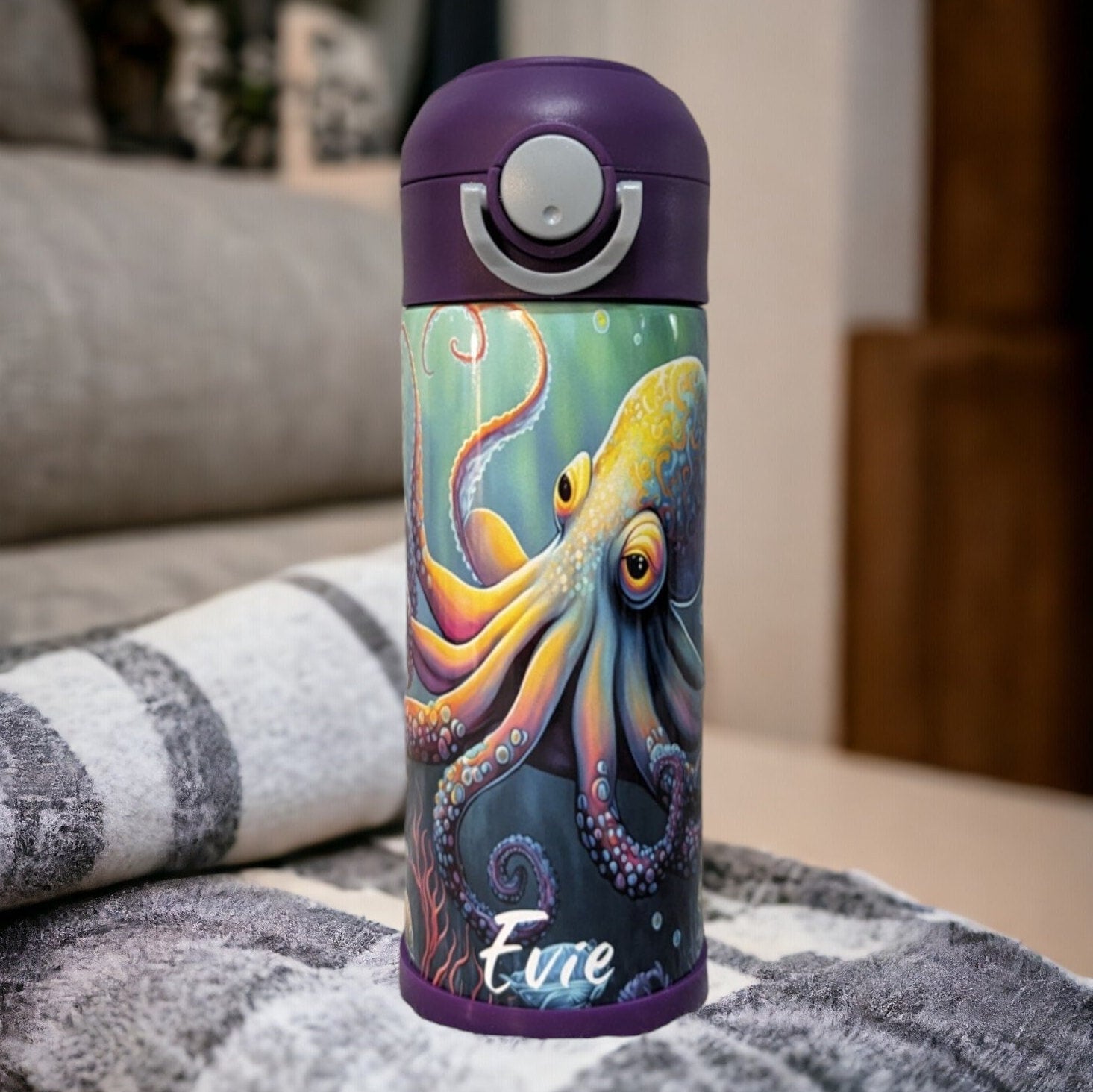 Kids Octopus Water Bottle 12oz With Reusable Straw, Can Be Personalized