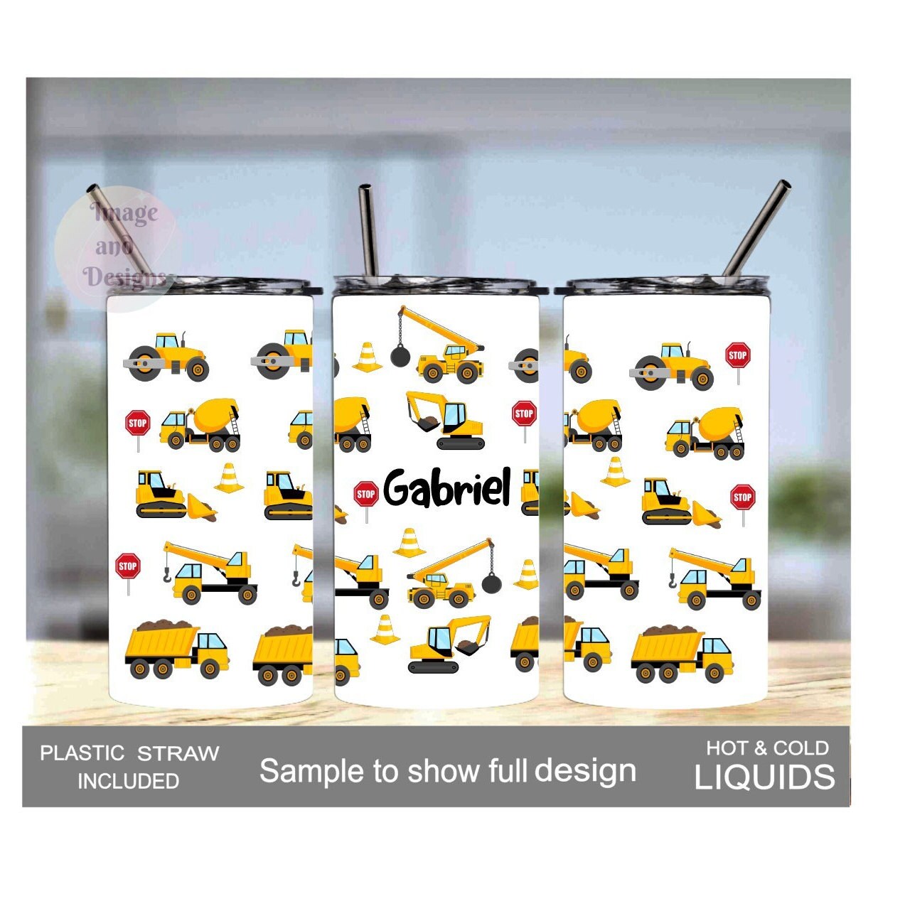 Kids Construction Tumbler 15oz With Reusable Straw, Can Be Personalized