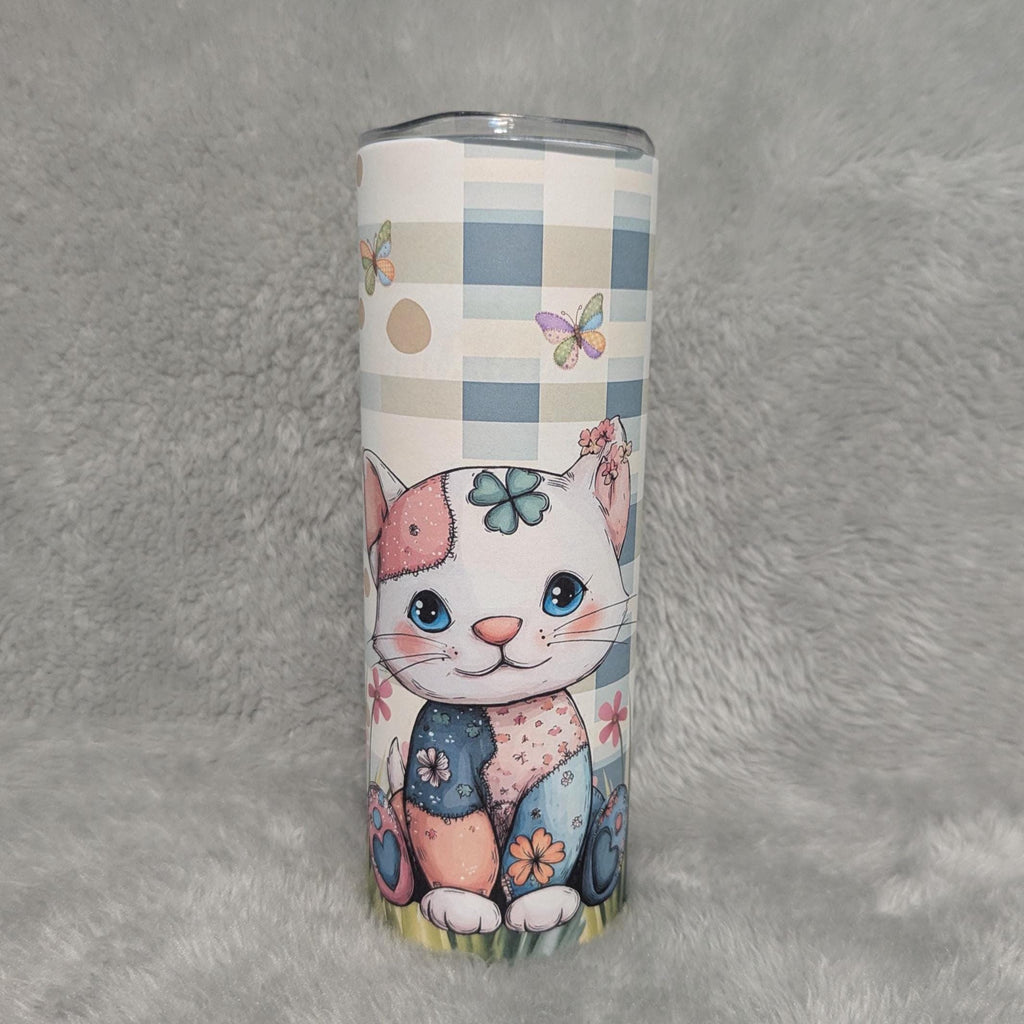 Patchwork Design Cat Tumbler 20oz With Reusable Straw, Can Be Personalized