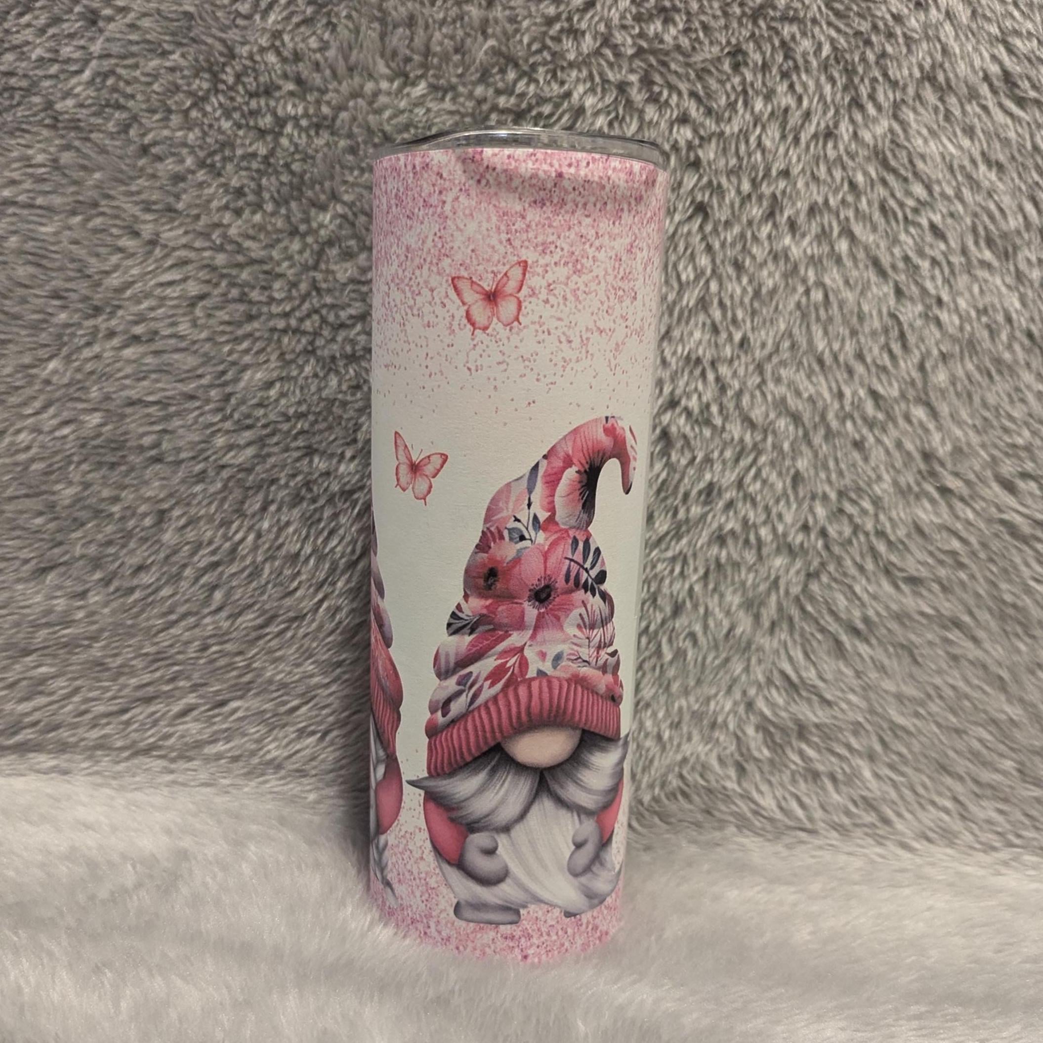 Gnome Tumbler with Butterflies and A Glitter Design 20oz With Reusable Straw, Can Be Personalized