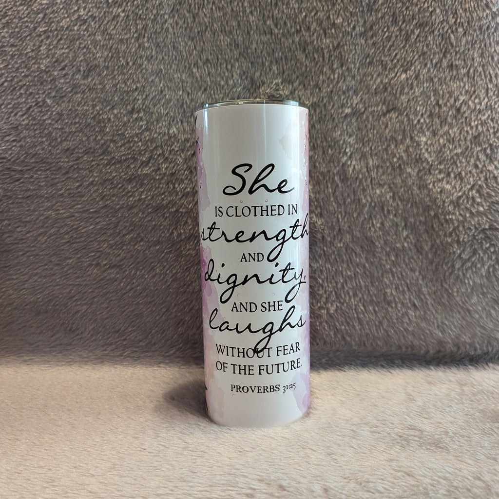 Proverbs 31:25 Bible Verse With Beautiful Flowers Tumbler 20oz With Reusable Straw