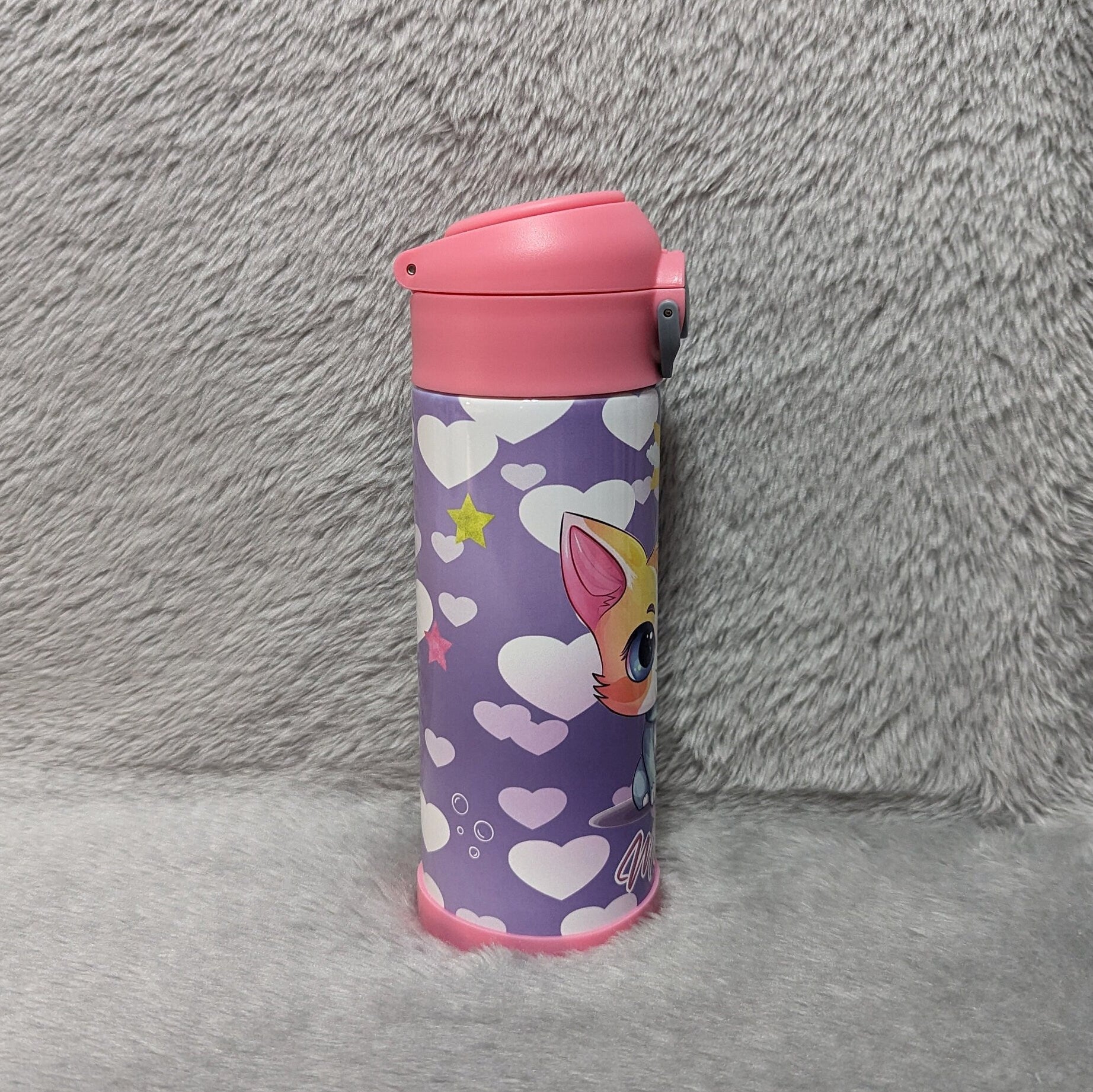 Kids Cat Water Bottle 12oz With Reusable Straw Can Be Personalized