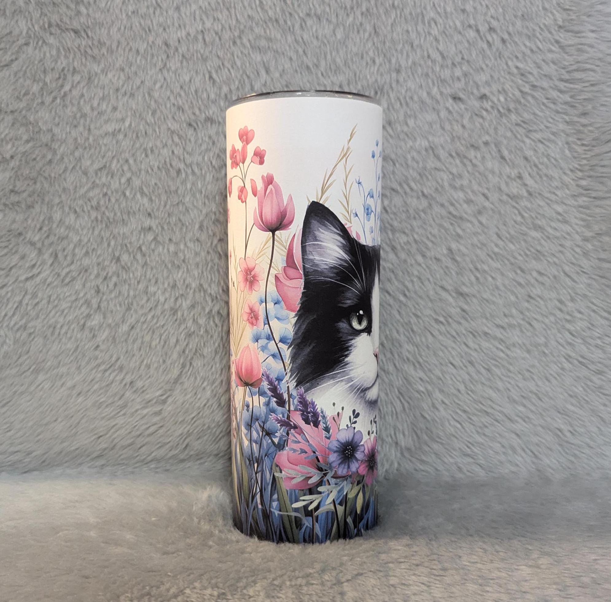 Floral Cat Tumbler 20oz With Reusable Straw, Can Be Personalized