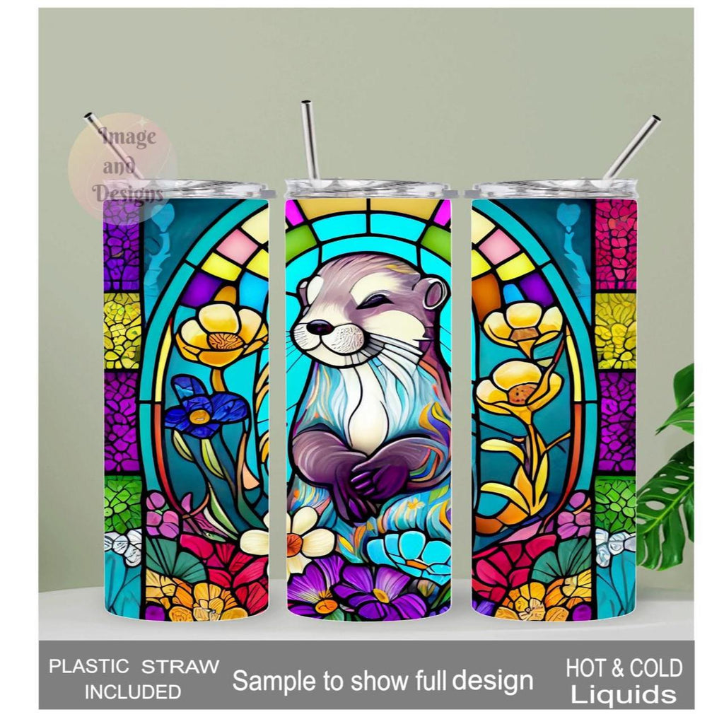 Otter Tumbler With A Stained Glass Design Tumbler 20oz With Reusable Straw, Can Be Personalized