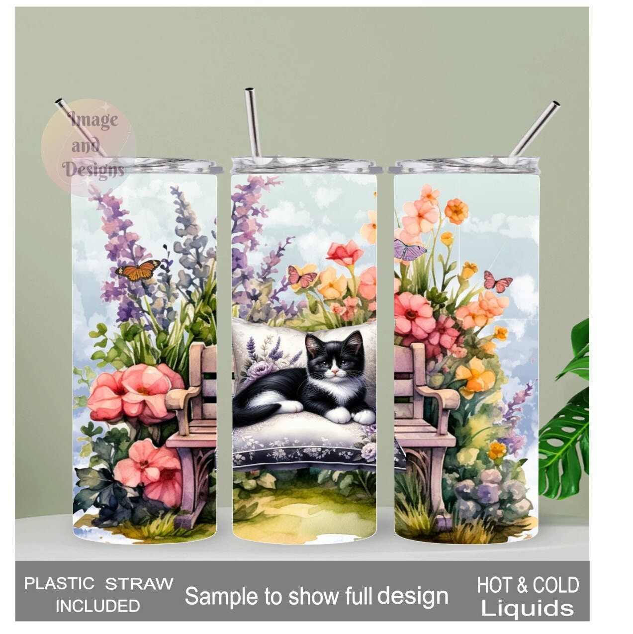 Cat Tumbler With A Cute Kitten Resting on A Bench 20oz With Reusable Straw, Can Be Personalized