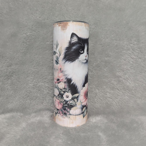 Black and White Tuxedo Cat Tumbler 20oz With Reusable Straw Can Be Personalized