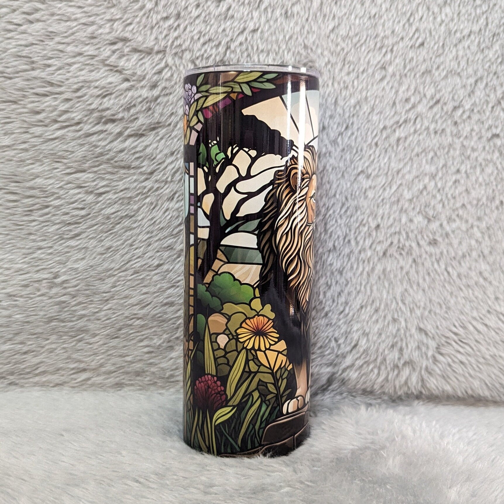 Lion Tumbler With A Stained Glass Design 20oz With Reusable Straw, Can Be Personalized