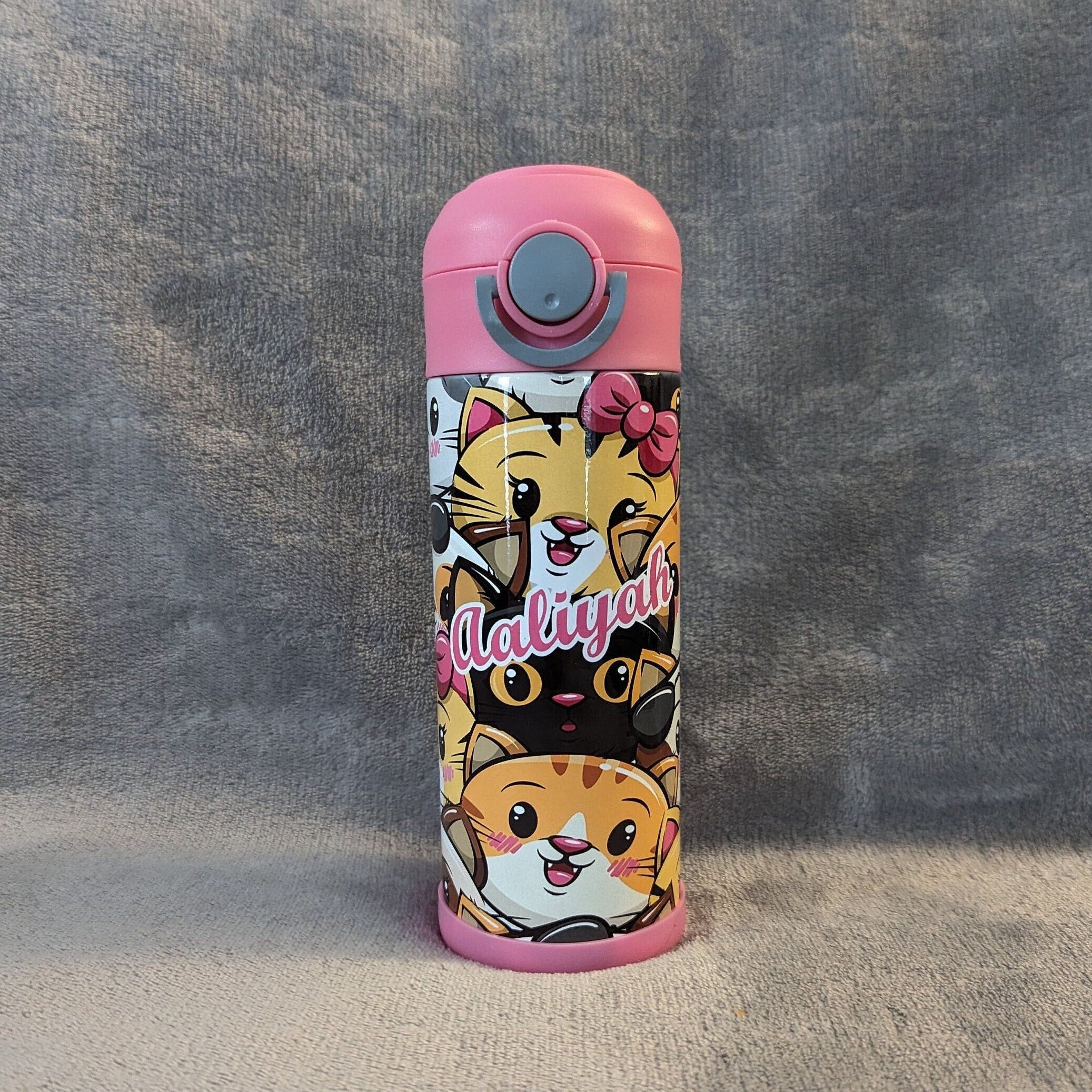 Kids Cat Water Bottle 12oz With Reusable Straw Can Be Personalized