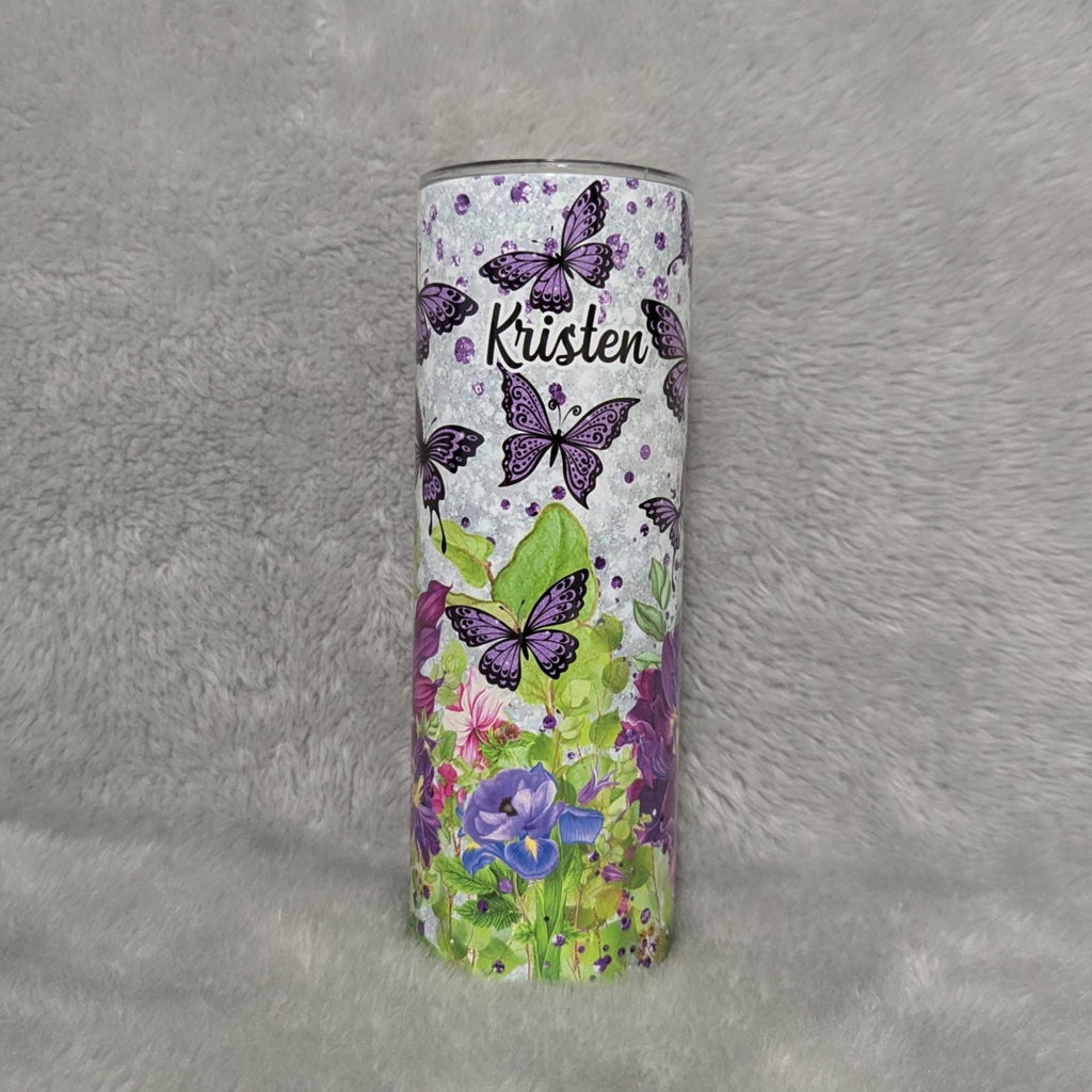 Butterfly Tumbler With Purple Butterflies and Flowers 20oz With Reusable Straw, Can Be Personalized