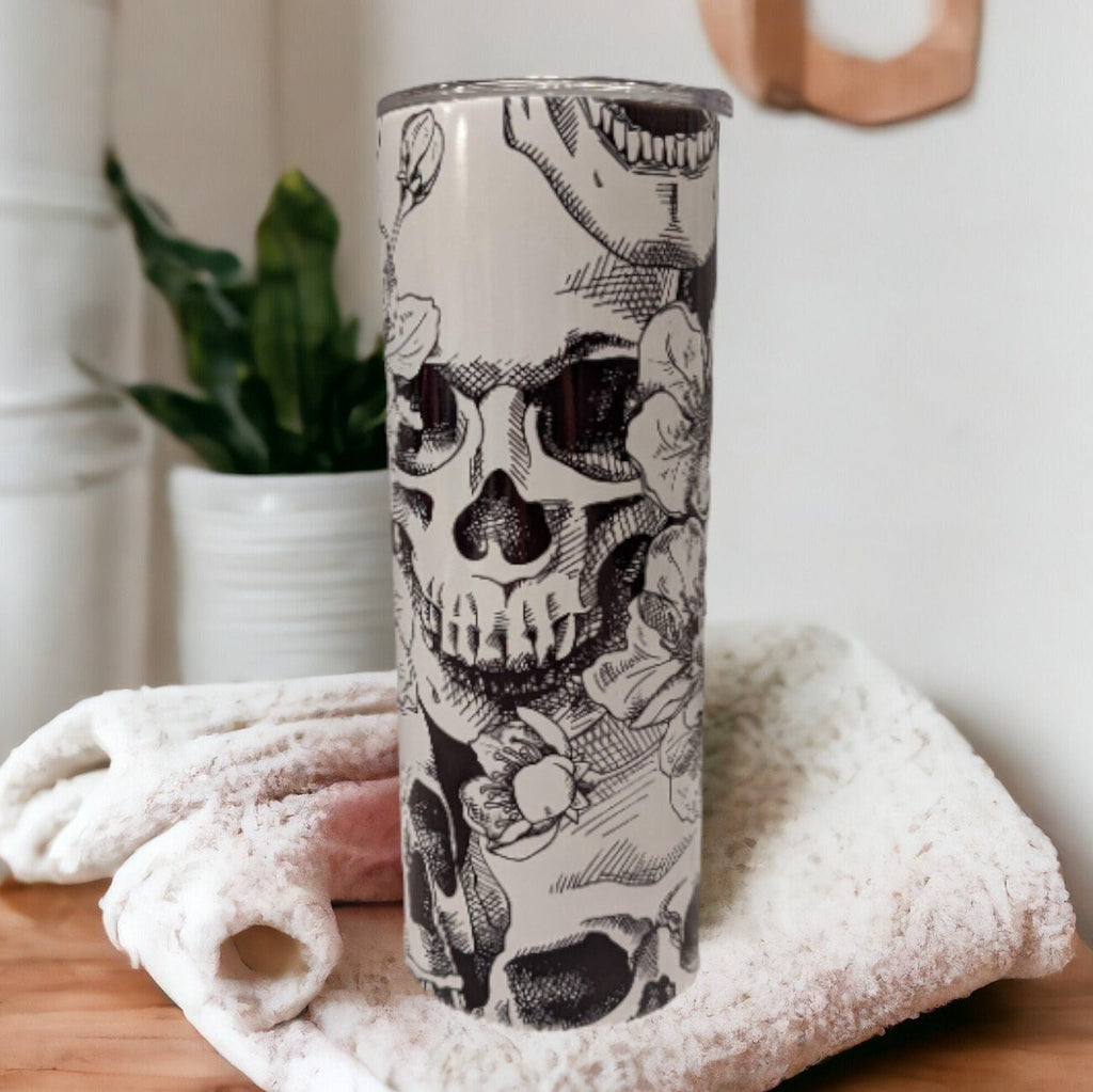 Stylish Black and White Skull Tumbler 20oz With Reusable Straw