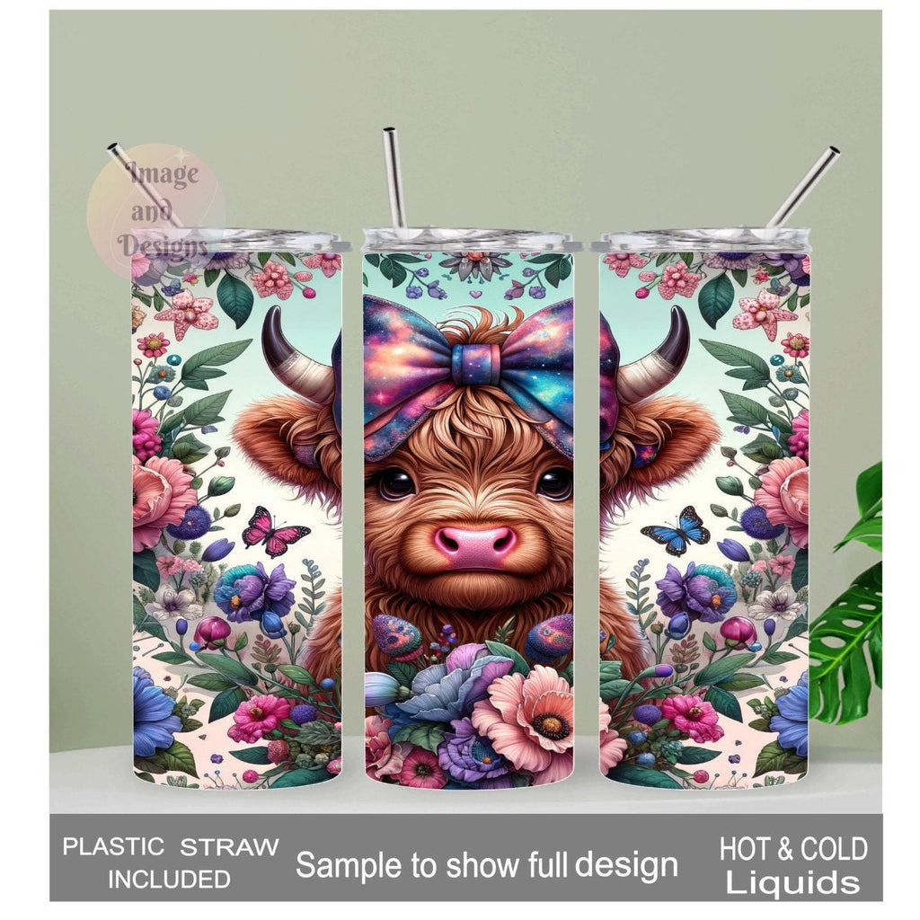 Highland Cow Tumbler With A Calf and Colorful Flowers 20oz With Reusable Straw, Can Be Personalized