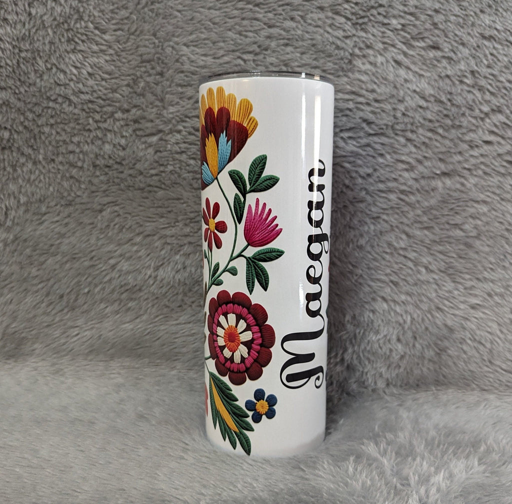 Personalized Flowers Stitch Design Tumbler 20oz Includes Reusable Straw
