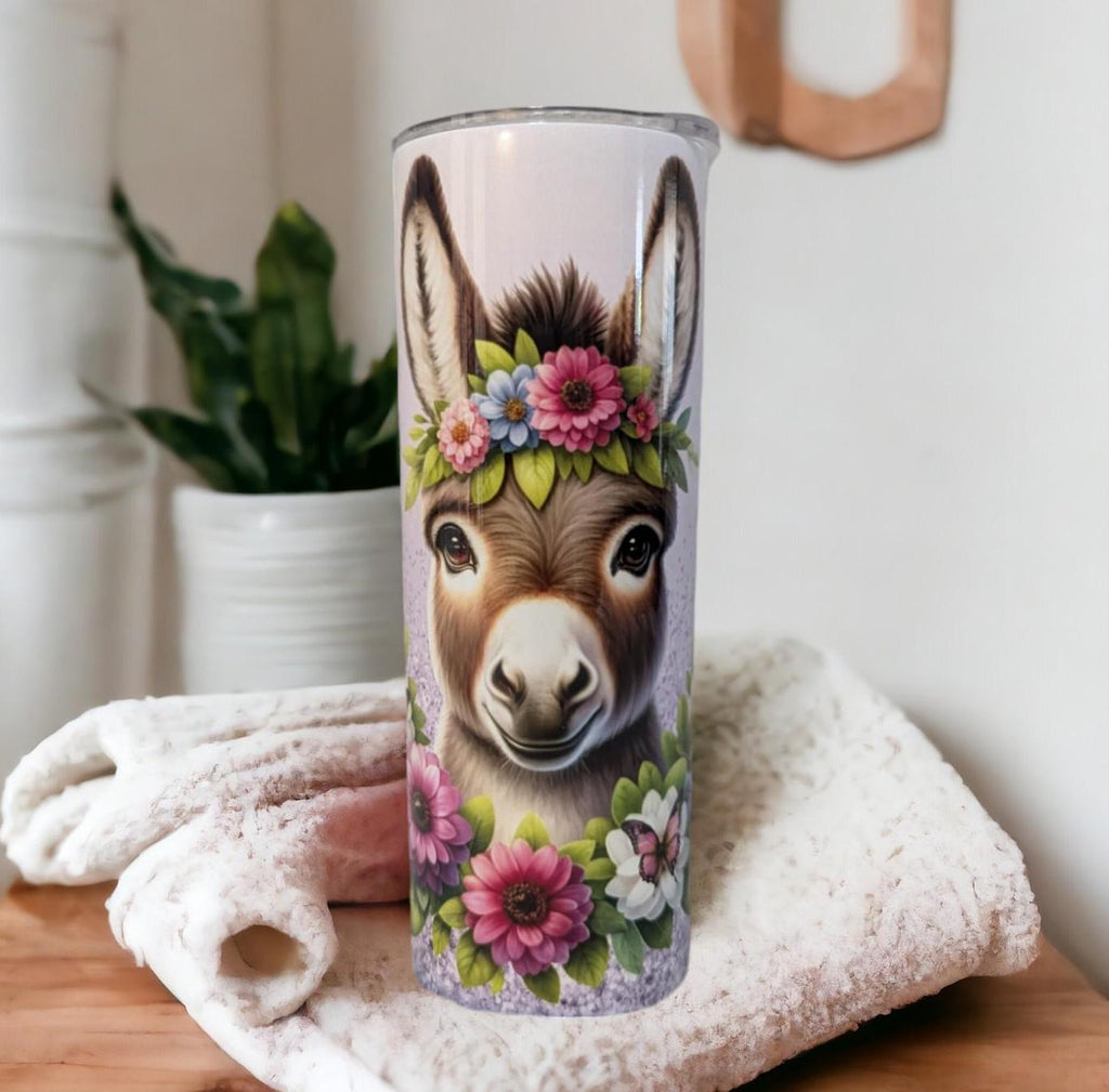 Donkey Tumbler with Flowers and A Glitter Design 20oz Tumber With Reusable Straw, Can Be Personalized