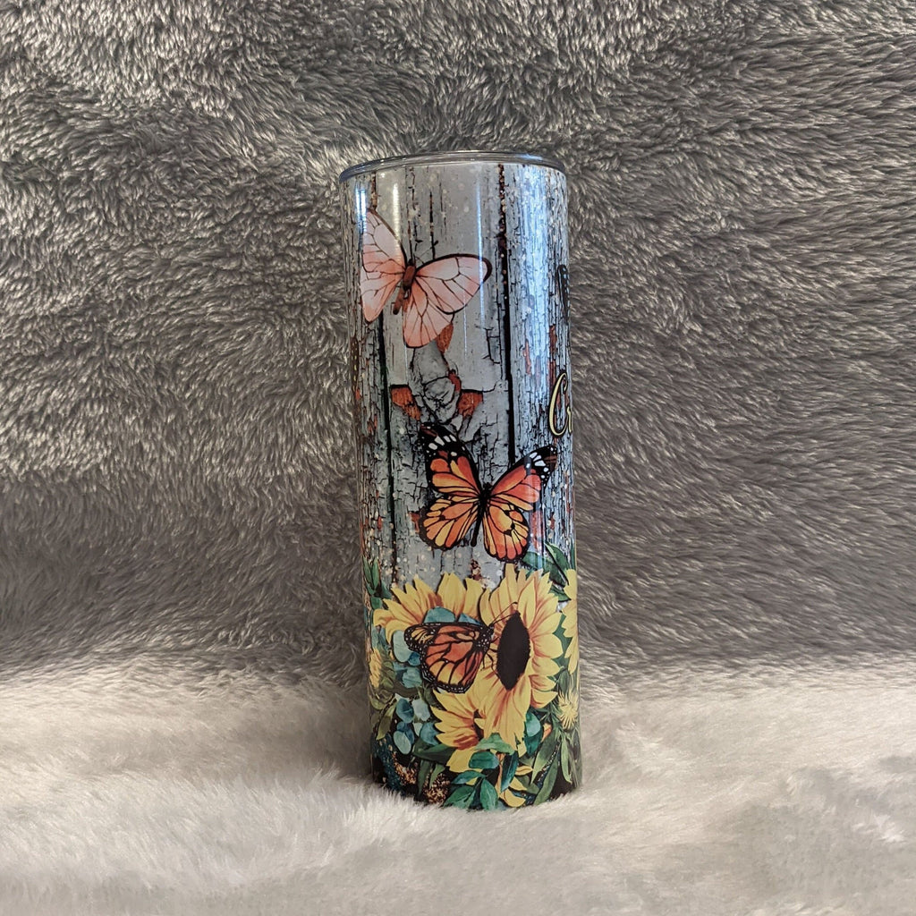 Butterflies and Sunflowers Tumbler 20oz With Reusable Straw, Can Be Personalized