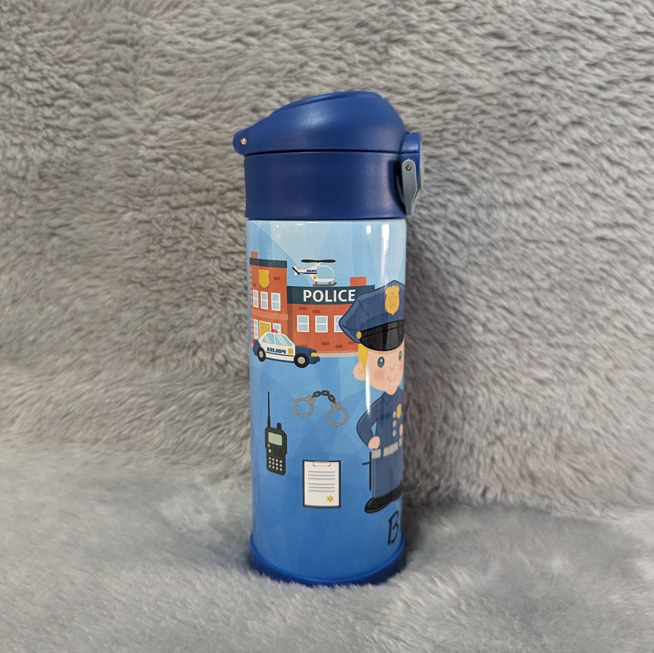 Kids Boy Cop Water Bottle 12oz With Reusable Straw Can Be Personalized