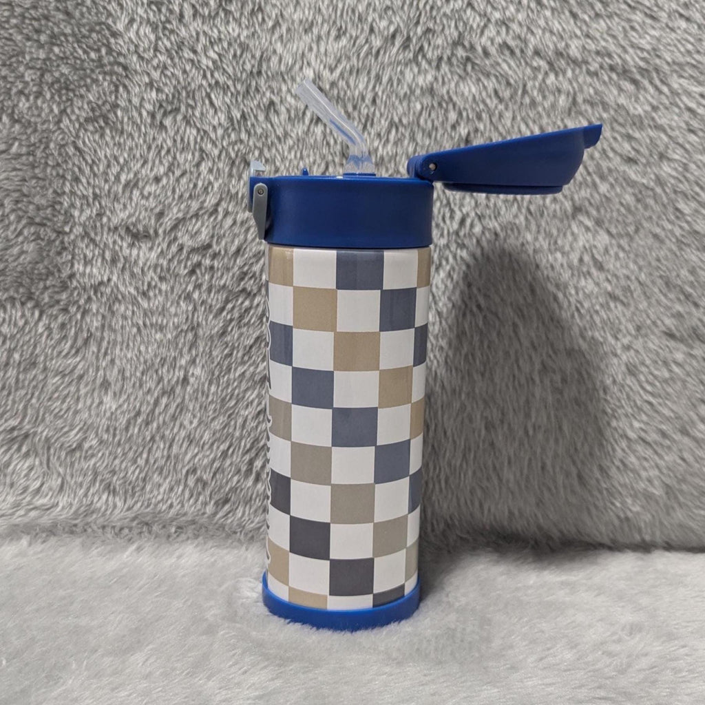 Kids Checkered Water Bottle 12oz With Reusable Straw Can Be Personalized