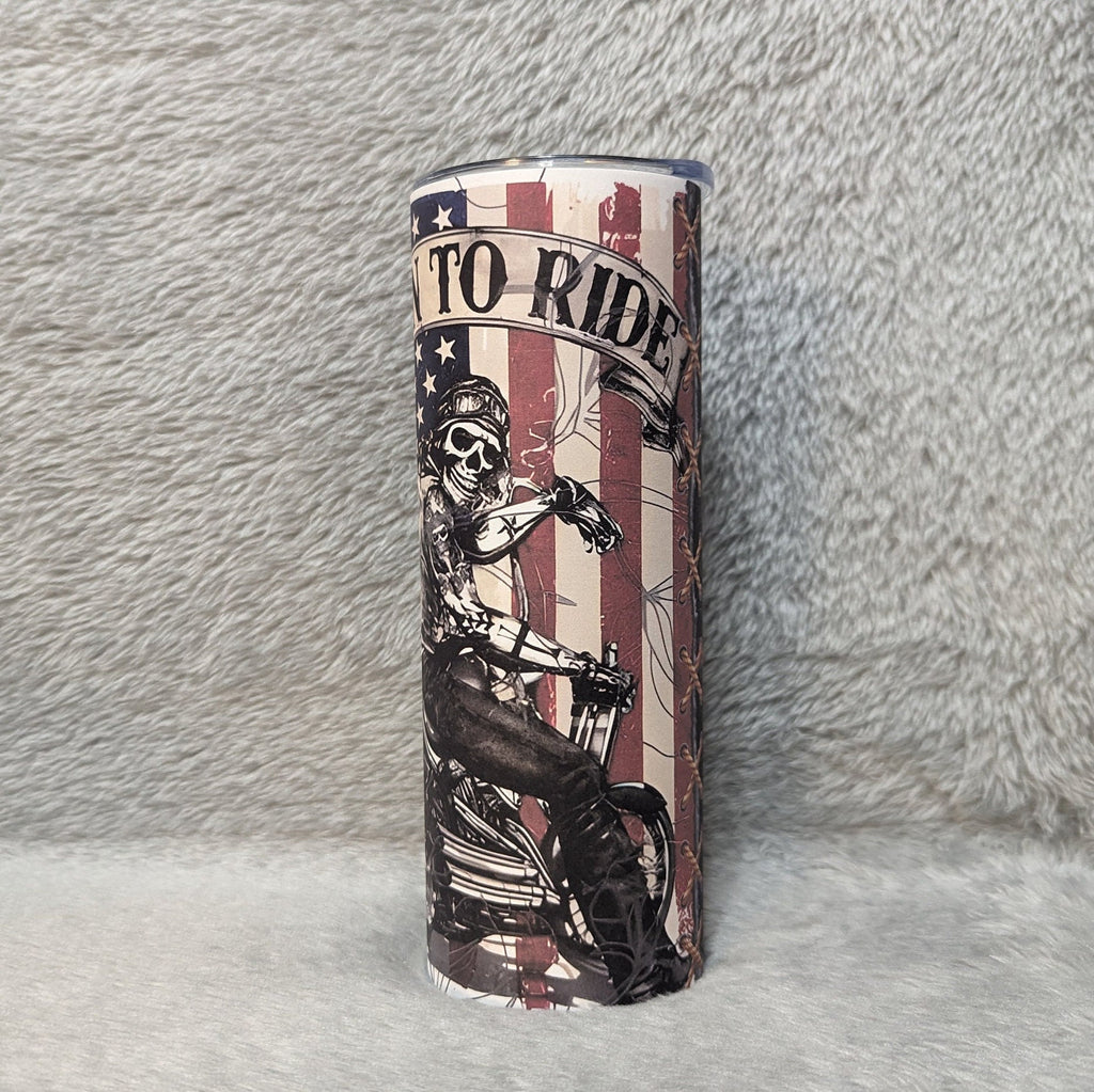 Born To Ride Skeleton Motorcyclist Tumbler 20oz With Reusable Straw, Can Be Personalized