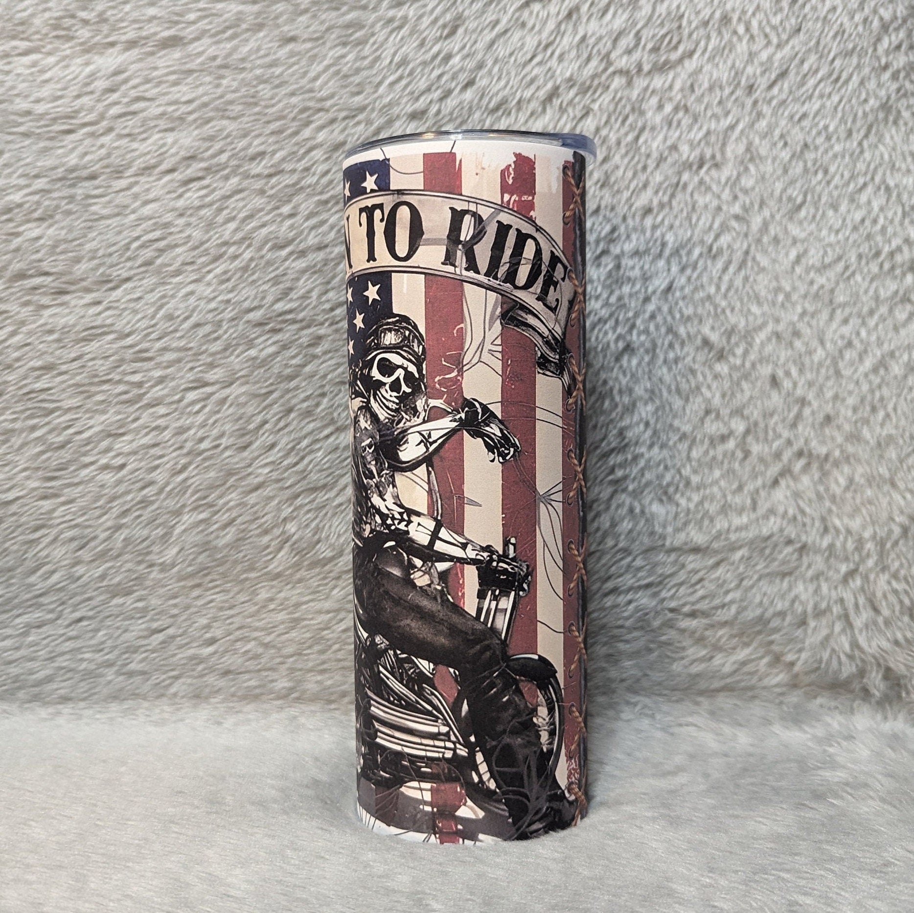 Born To Ride Skeleton Motorcyclist Tumbler 20oz With Reusable Straw, Can Be Personalized