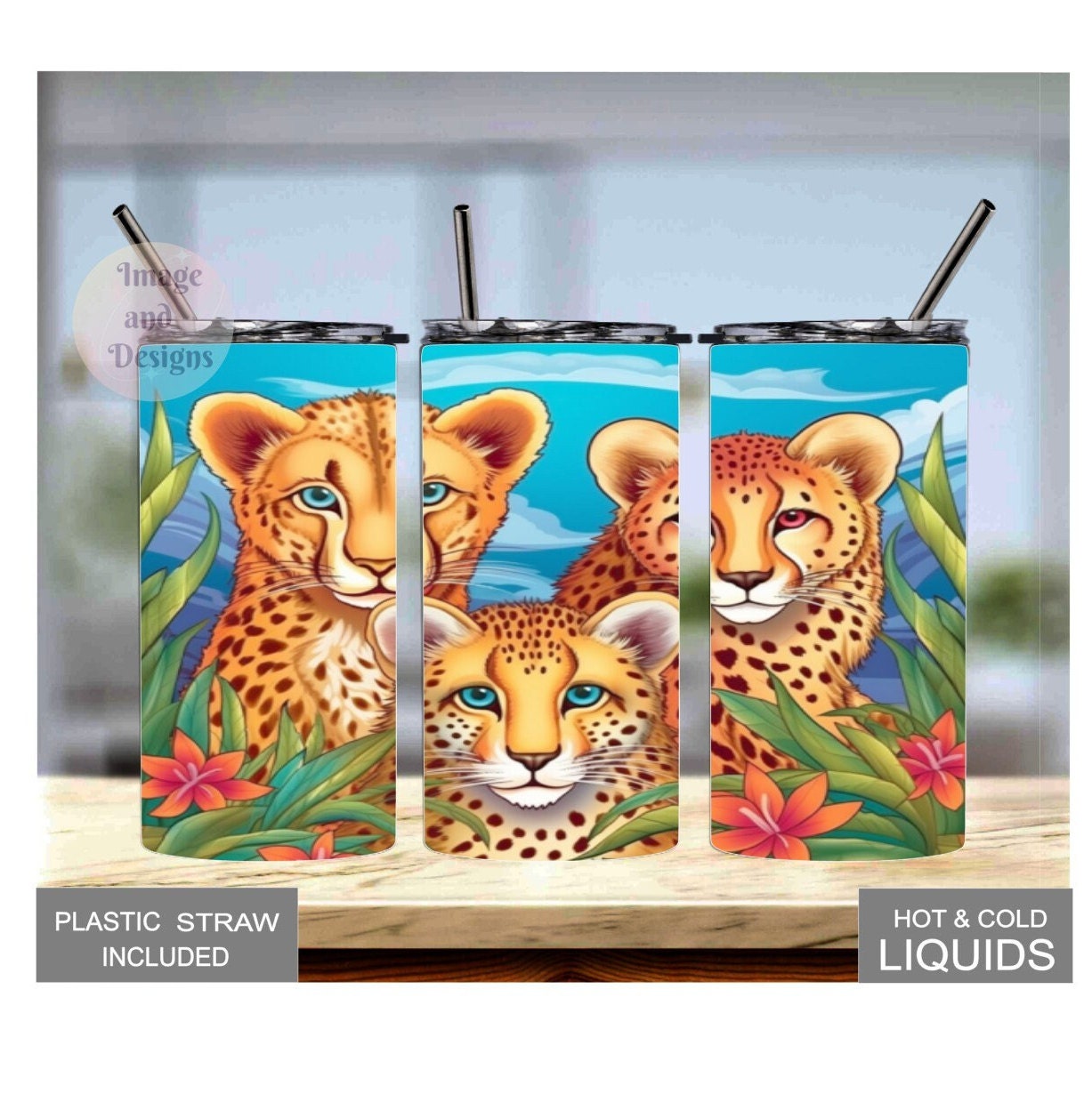 Leopard Family Tumbler for Kids 15oz With Reusable Straw, Can Be Personalized