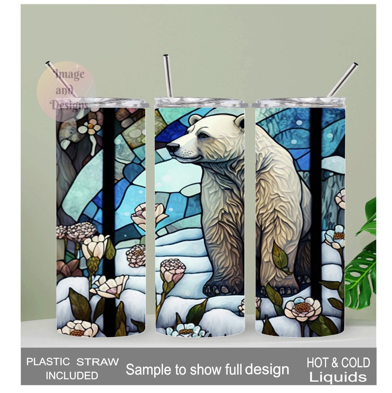 Polar Bear Tumbler with Stained Glass Design 20oz With Reusable Straw, Can Be Personalized