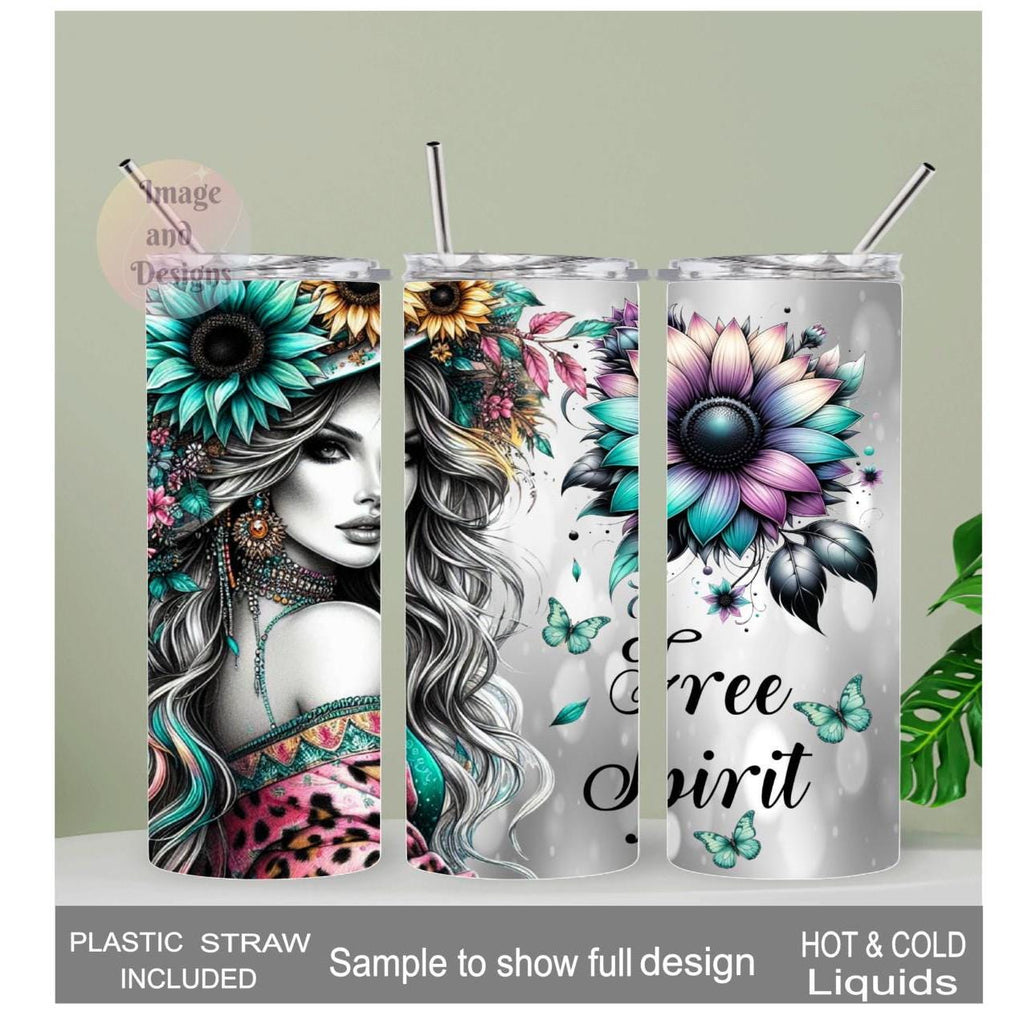 Boho Free Spirit Girl Tumbler 20oz With Reusable Straw, Can Be Personalized