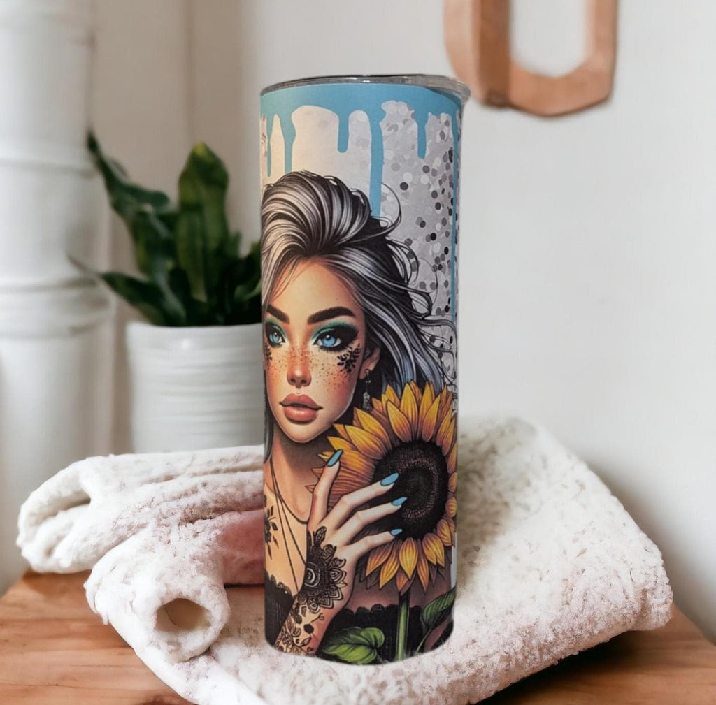 Pretty Sunflower Girl 20oz Tumbler 20oz With Reusable Straw, Can Be Personalized