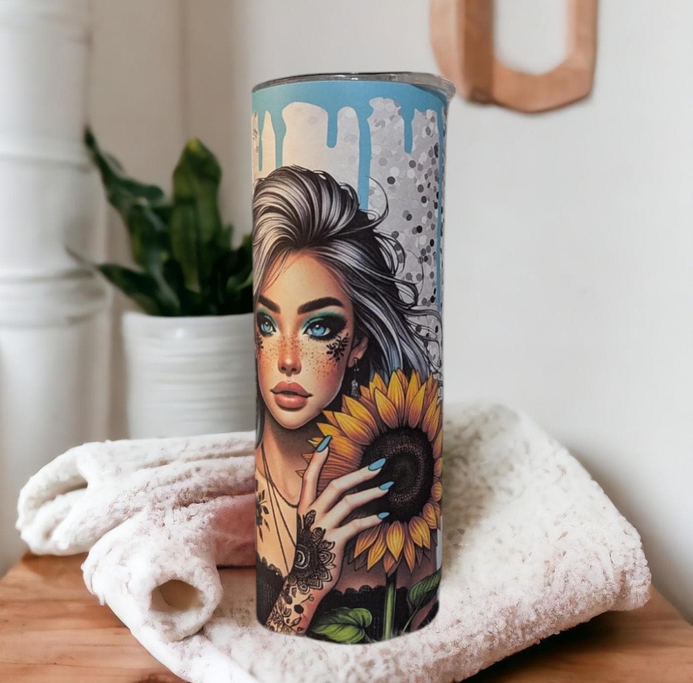 Pretty Sunflower Girl 20oz Tumbler 20oz With Reusable Straw, Can Be Personalized