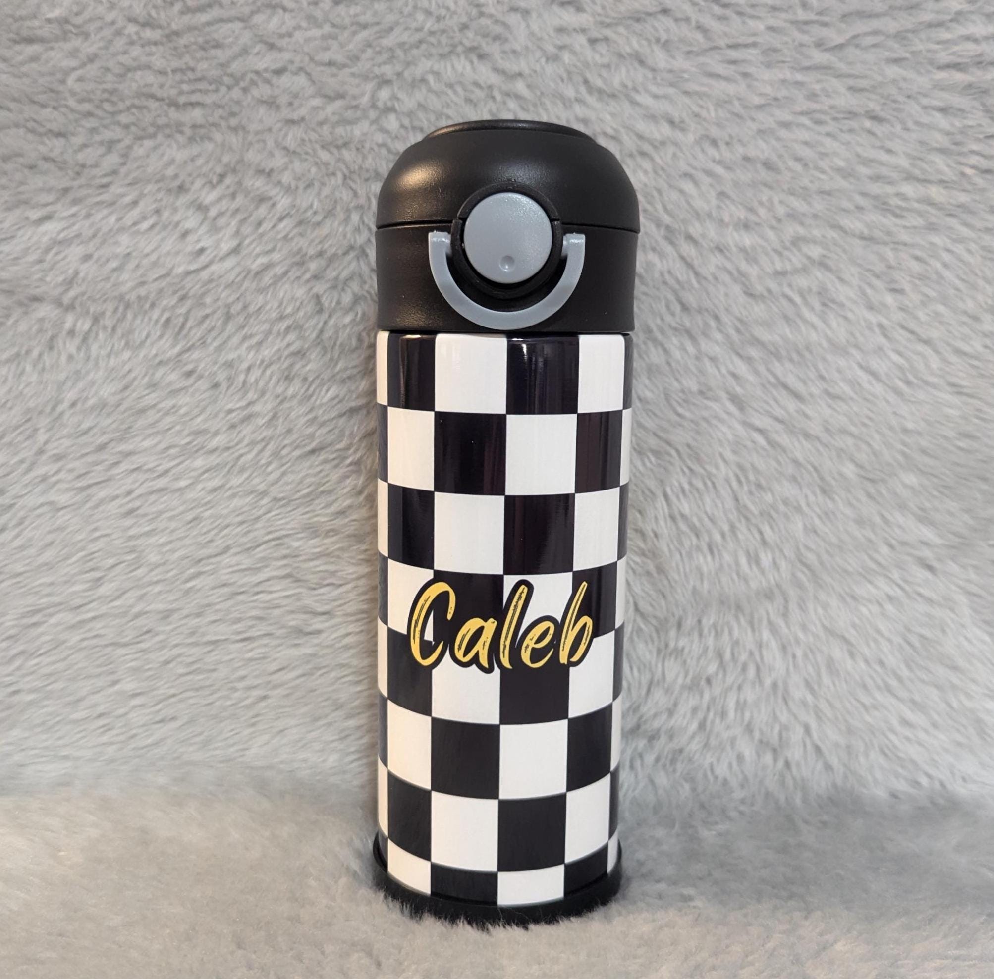 Kids Checkered Lightning Bolt Water Bottle 12oz With Reusable Straw Can Be Personalized