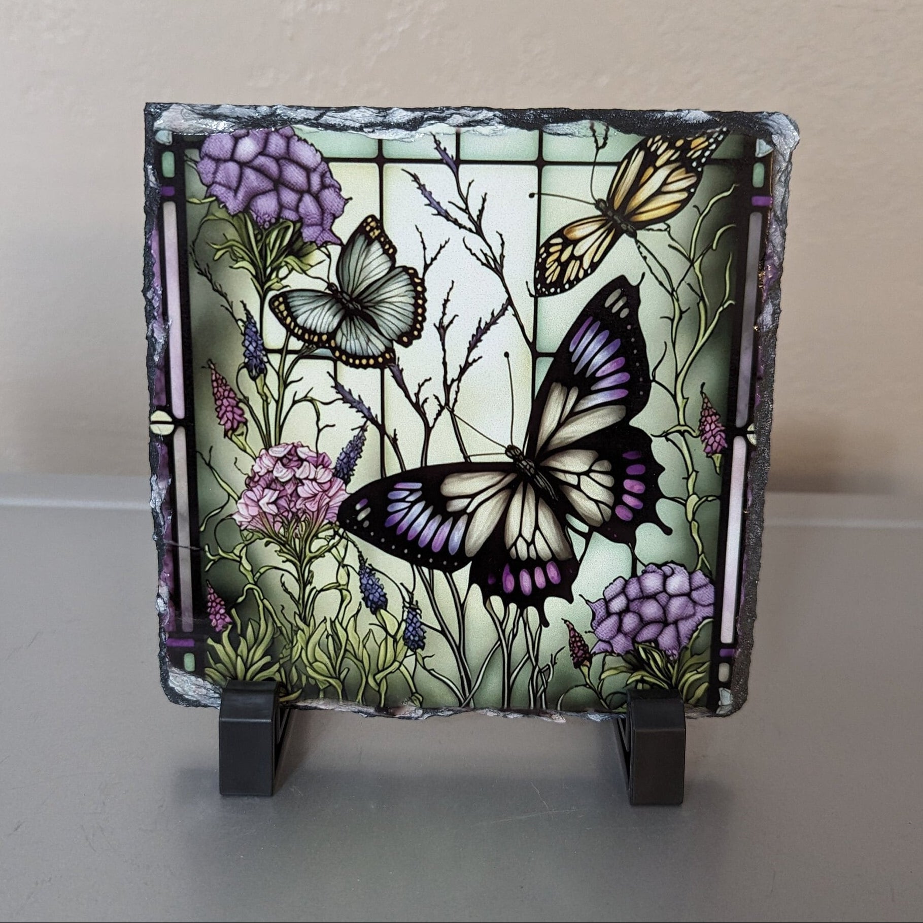 Purple Butterfly Slate Picture With Display Legs
