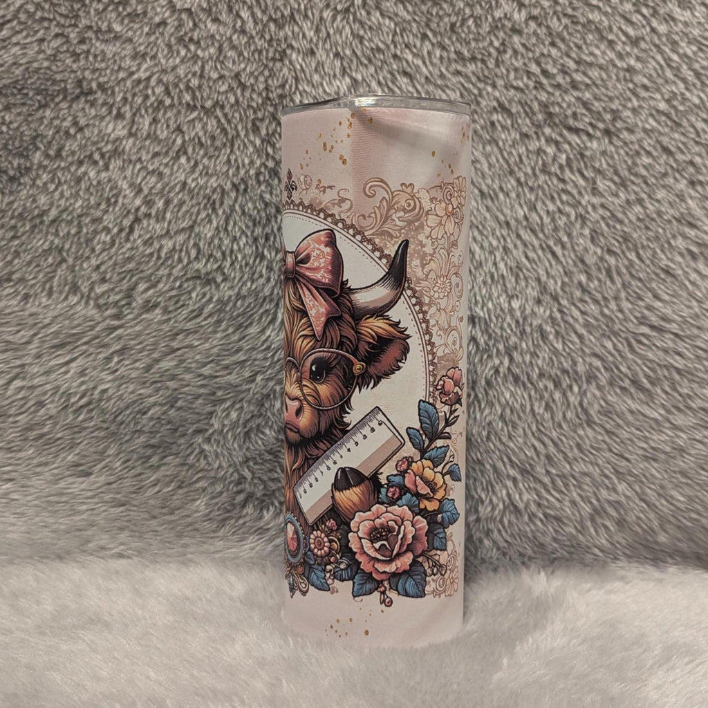 Highland Cow Teacher Tumbler 20oz With Reusable Straw, Can Be Personalized