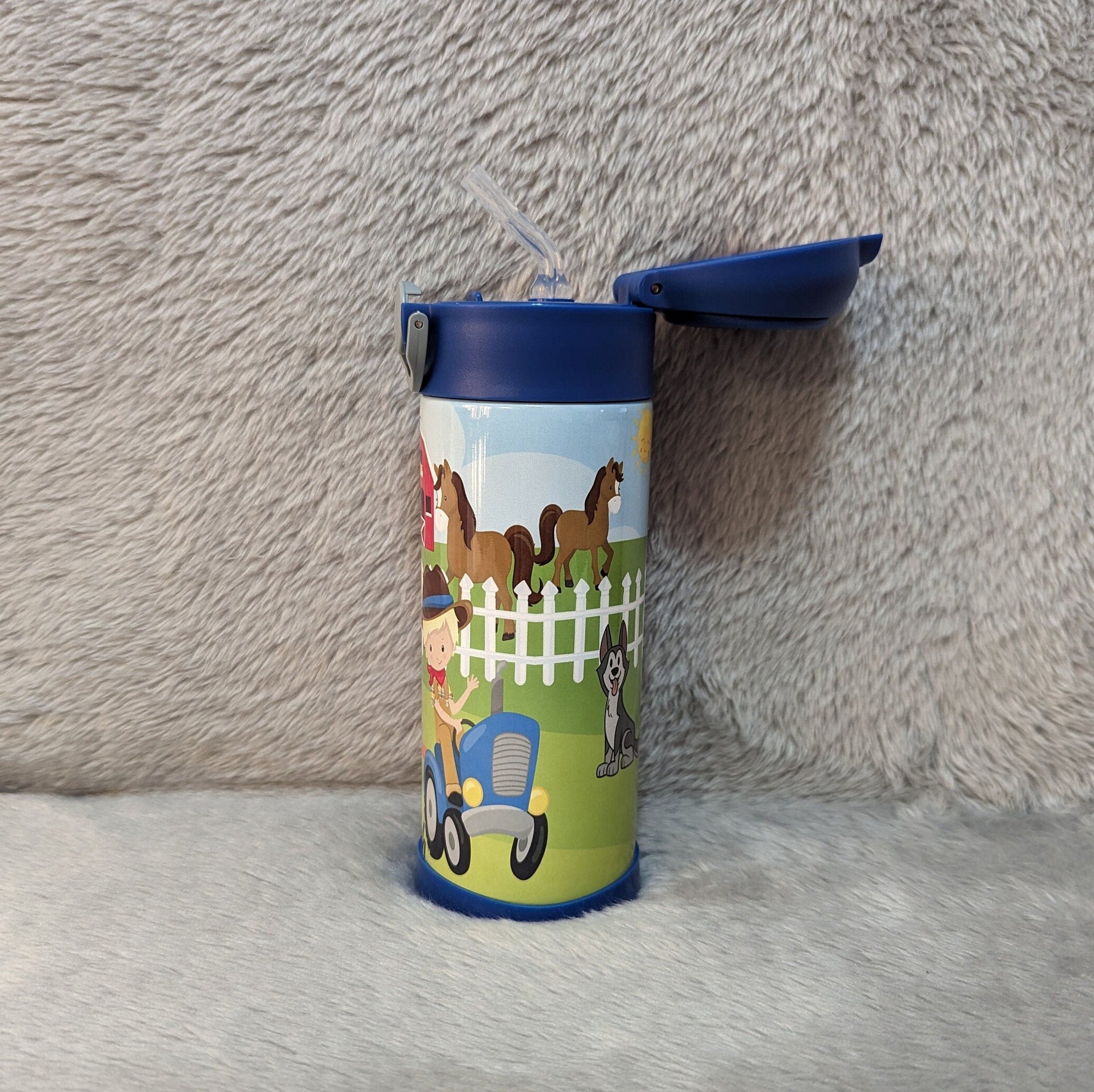 Kids Little Farmer Water Bottle 12oz With Reusable Straw Can Be Personalized
