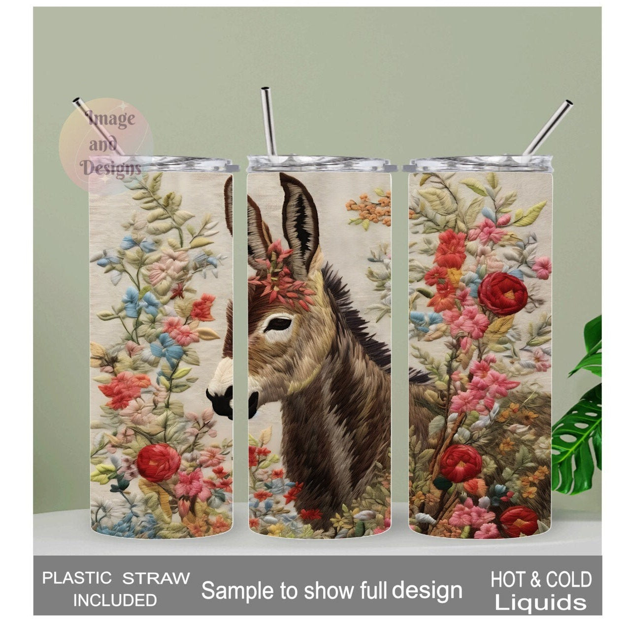 Donkey Tumbler with Eye Catching Embroidered Design 20oz With Reusable Straw, Can Be Personalized