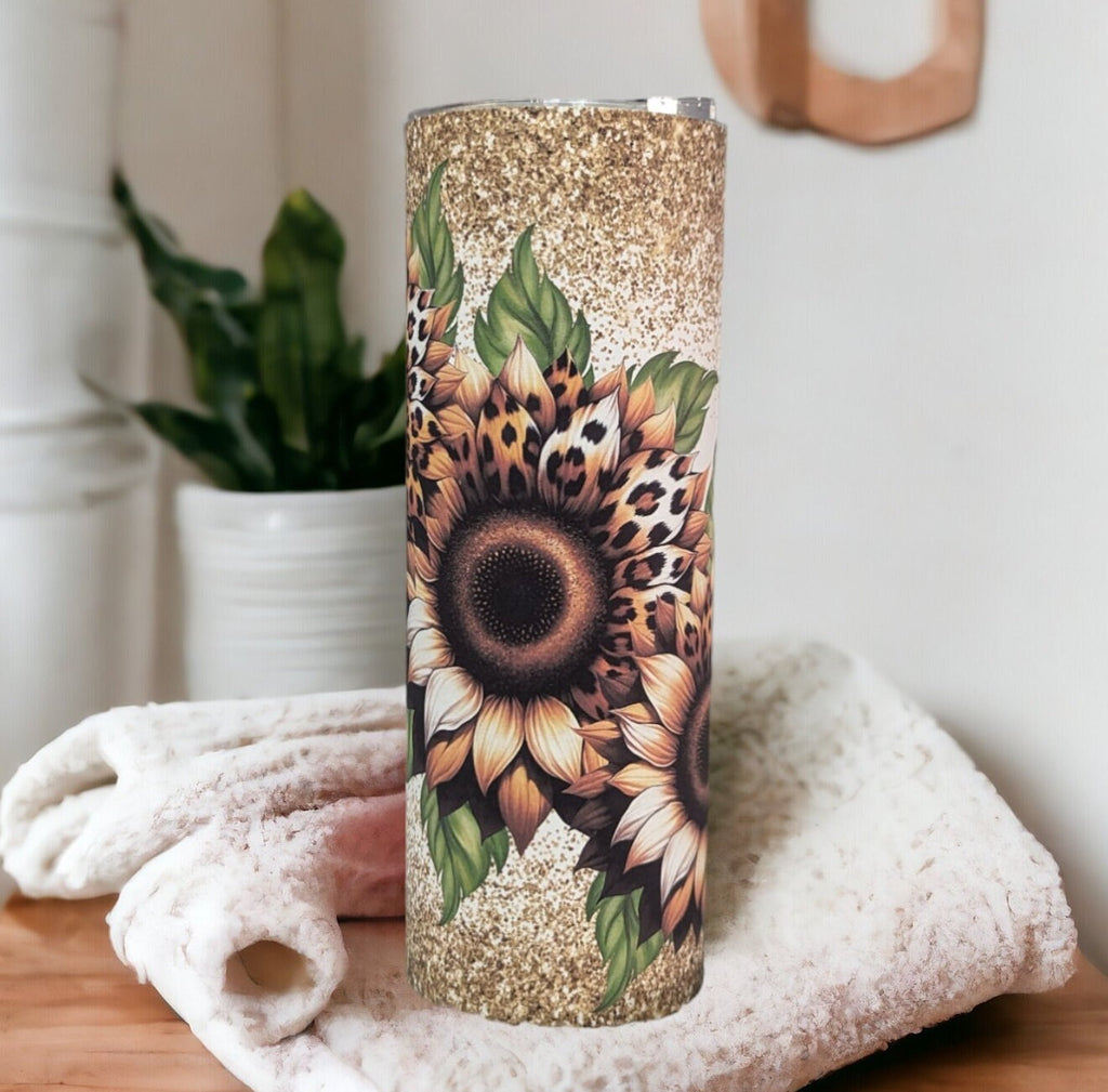 Sunflower Tumbler with A Glitter Design  20oz With Reusable Straw, Can Be Personalized