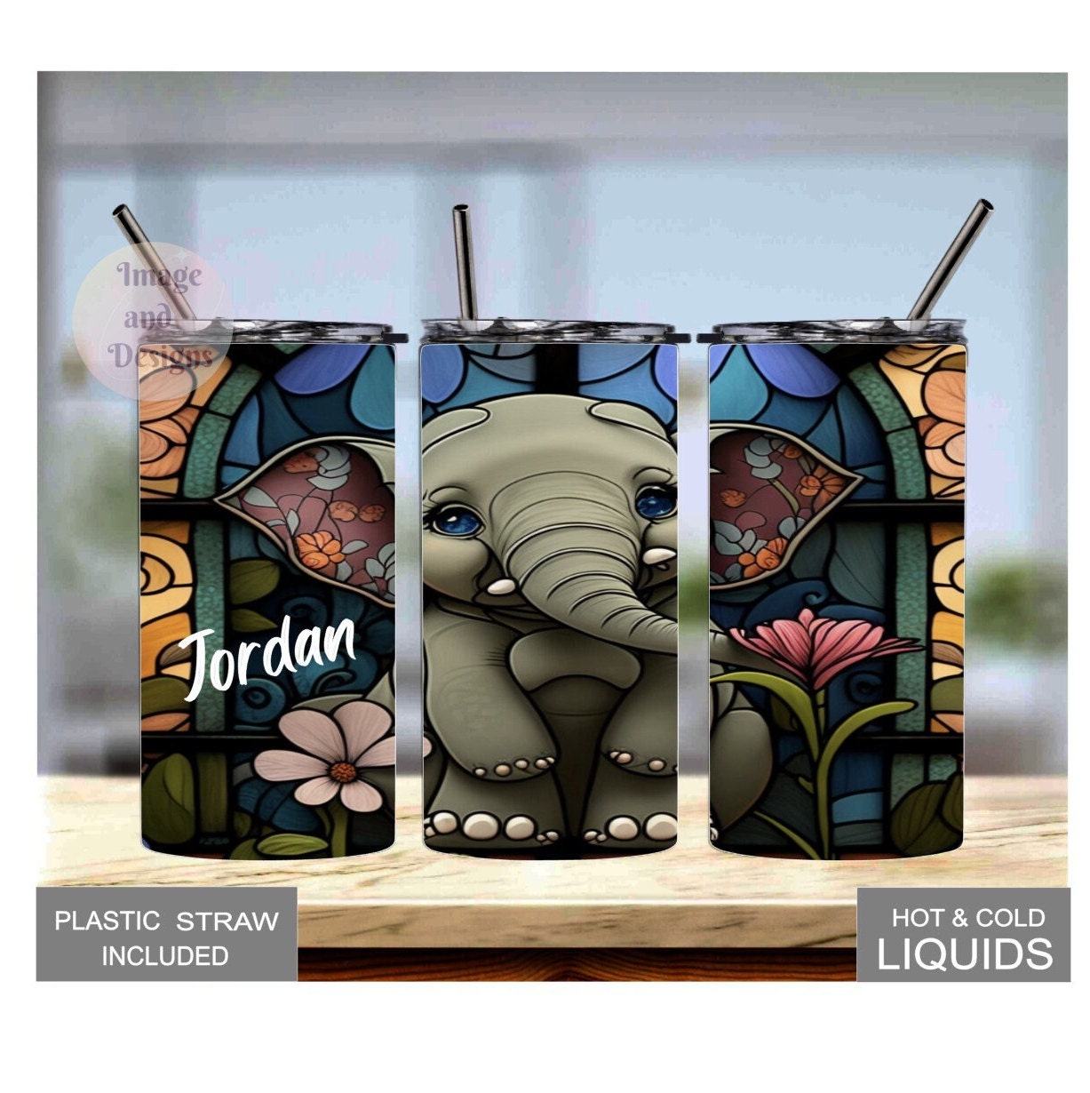 Colorful Kids Elephant Tumbler 15oz With Reusable Straw, Can Be Personalized