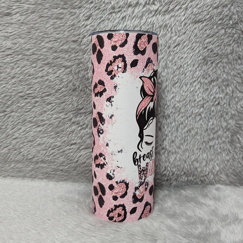 Breast Cancer Warrior Tumbler With Leopard Print and A Glitter Design 20oz With Reusable Straw, Can Be Personalized