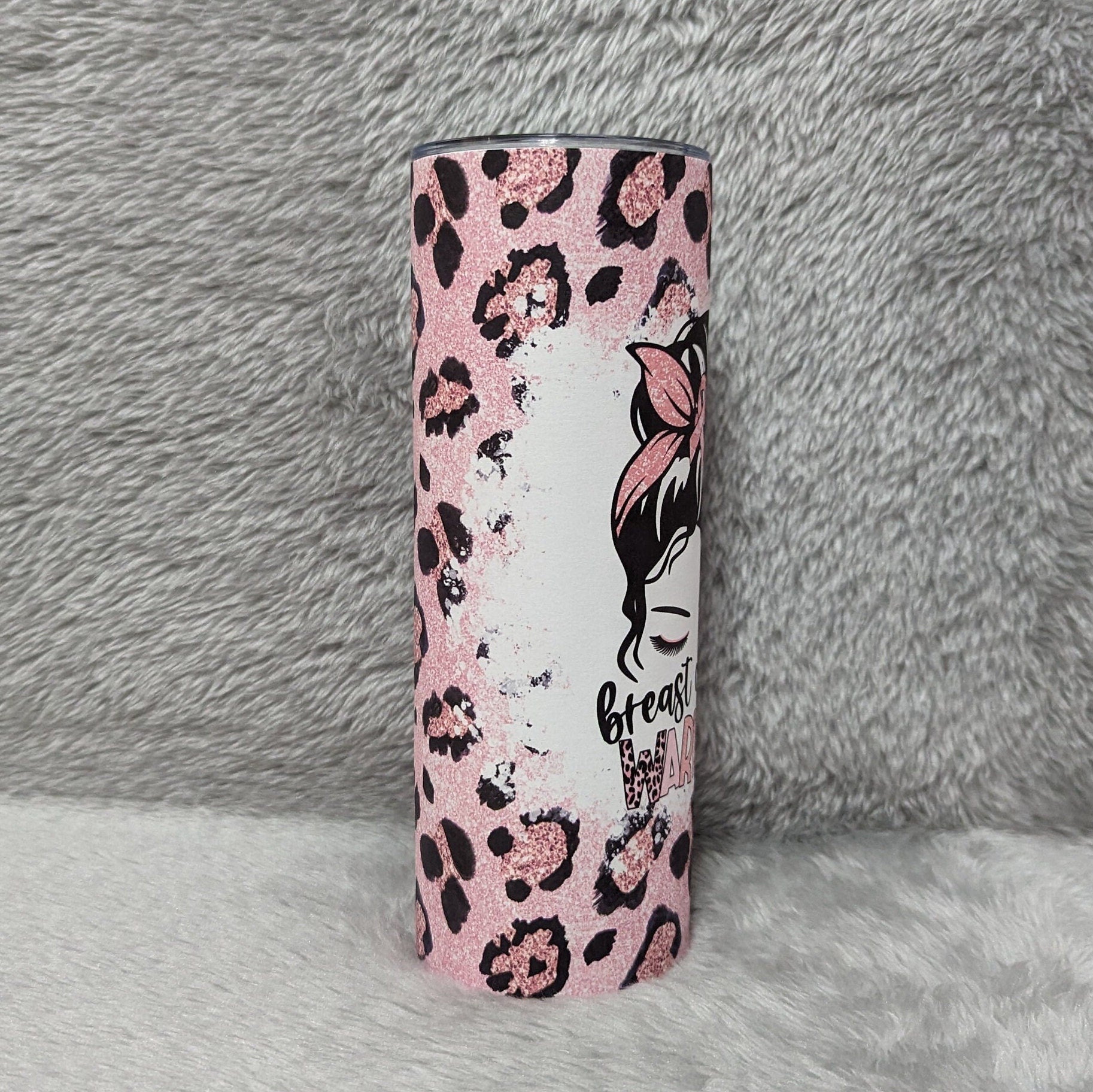 Breast Cancer Warrior Tumbler With Leopard Print and A Glitter Design 20oz With Reusable Straw, Can Be Personalized